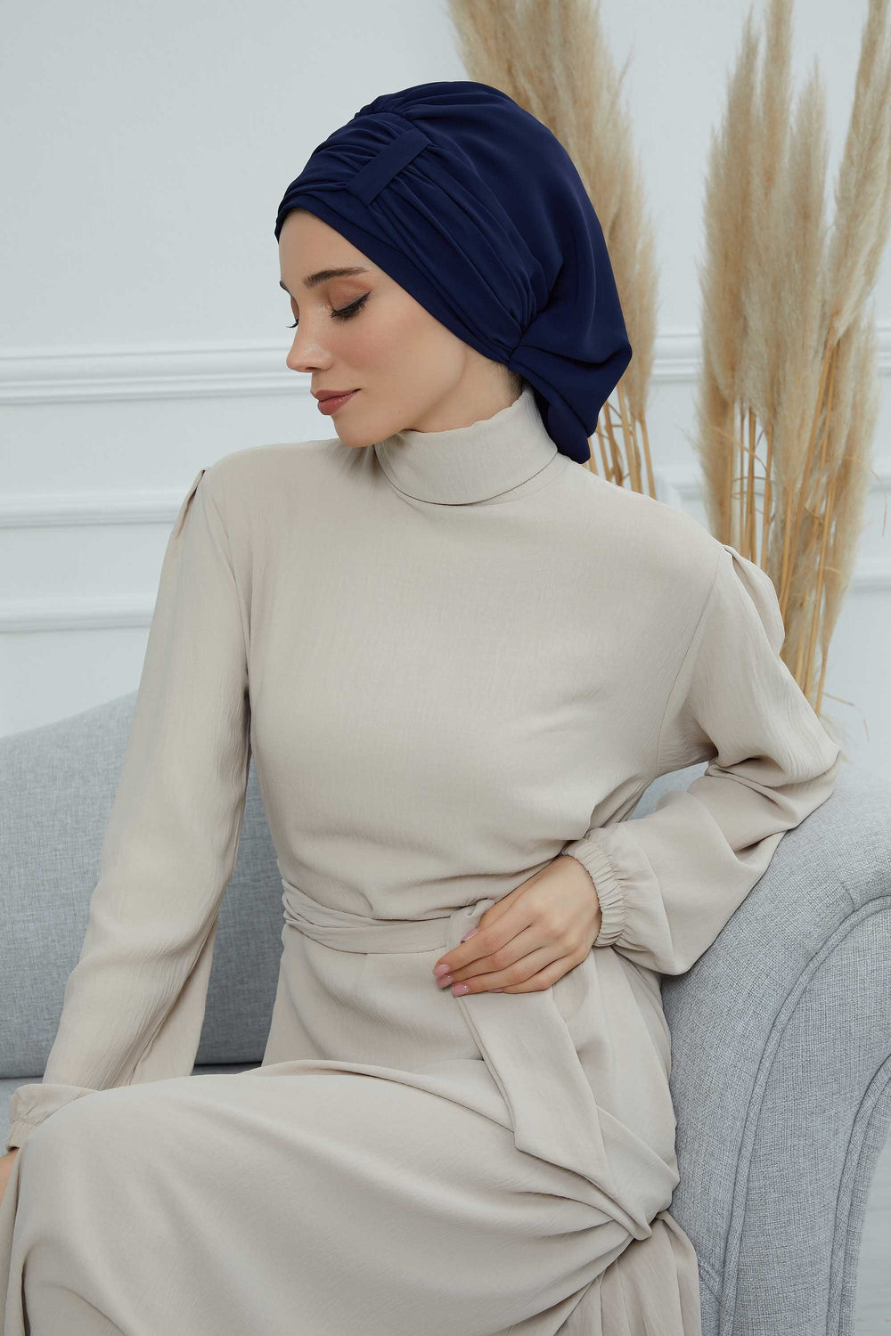 Pleated Chiffon Instant Turban for Women, Pre-Tied Elegant Hijab Cap, Lightweight Modest Headwrap for Daily & Formal Wear,HT-107 Navy Blue