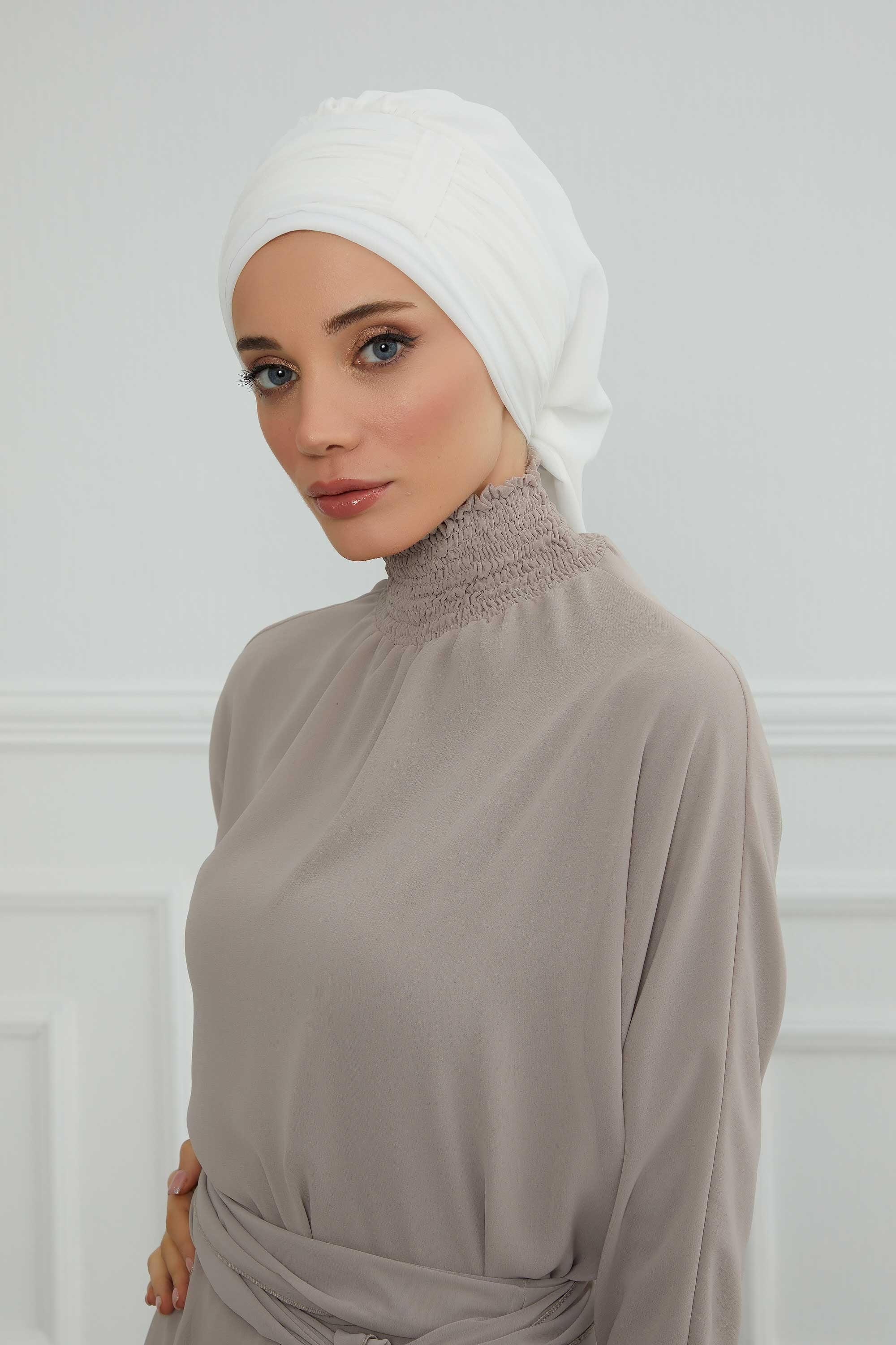 Pleated Chiffon Instant Turban for Women, Pre-Tied Elegant Hijab Cap, Lightweight Modest Headwrap for Daily & Formal Wear,HT-107 Off-White