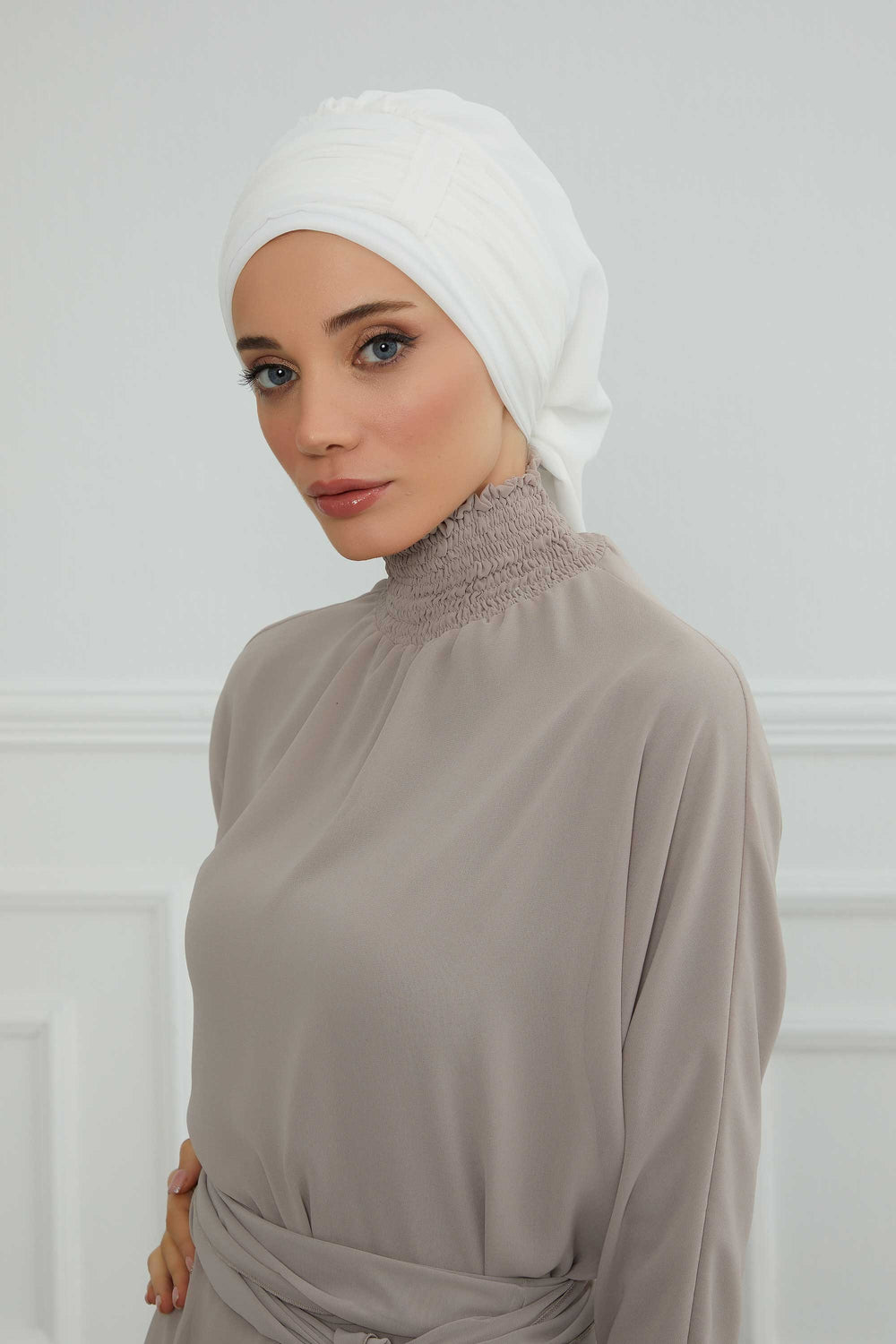 Pleated Chiffon Instant Turban for Women, Pre-Tied Elegant Hijab Cap, Lightweight Modest Headwrap for Daily & Formal Wear,HT-107 Off-White