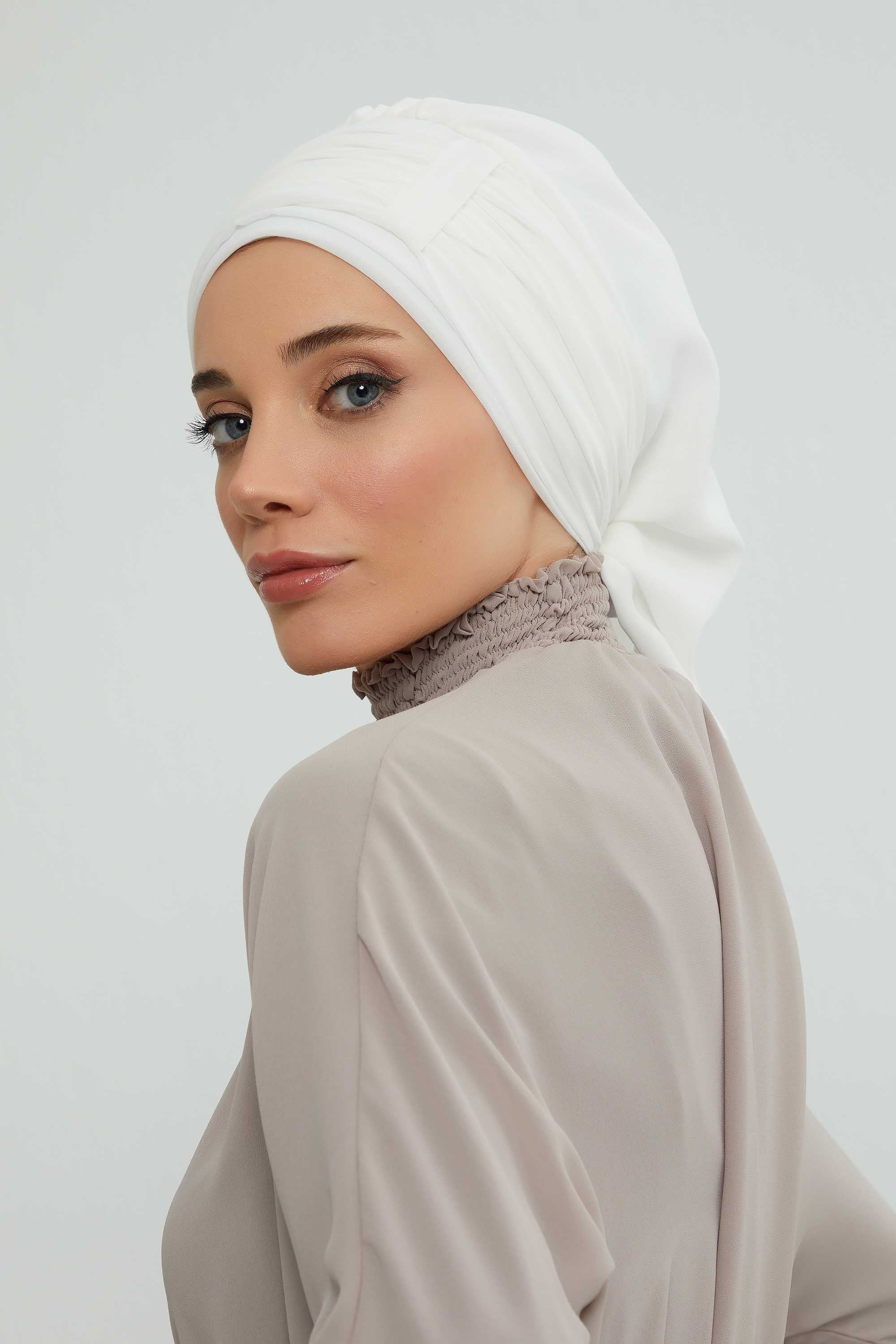 Pleated Chiffon Instant Turban for Women, Pre-Tied Elegant Hijab Cap, Lightweight Modest Headwrap for Daily & Formal Wear,HT-107 Off-White