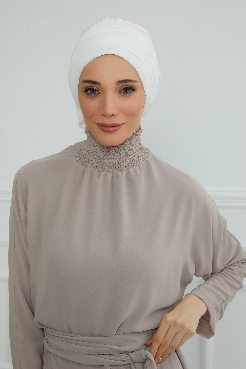 Pleated Chiffon Instant Turban for Women, Pre-Tied Elegant Hijab Cap, Lightweight Modest Headwrap for Daily & Formal Wear,HT-107 Off-White
