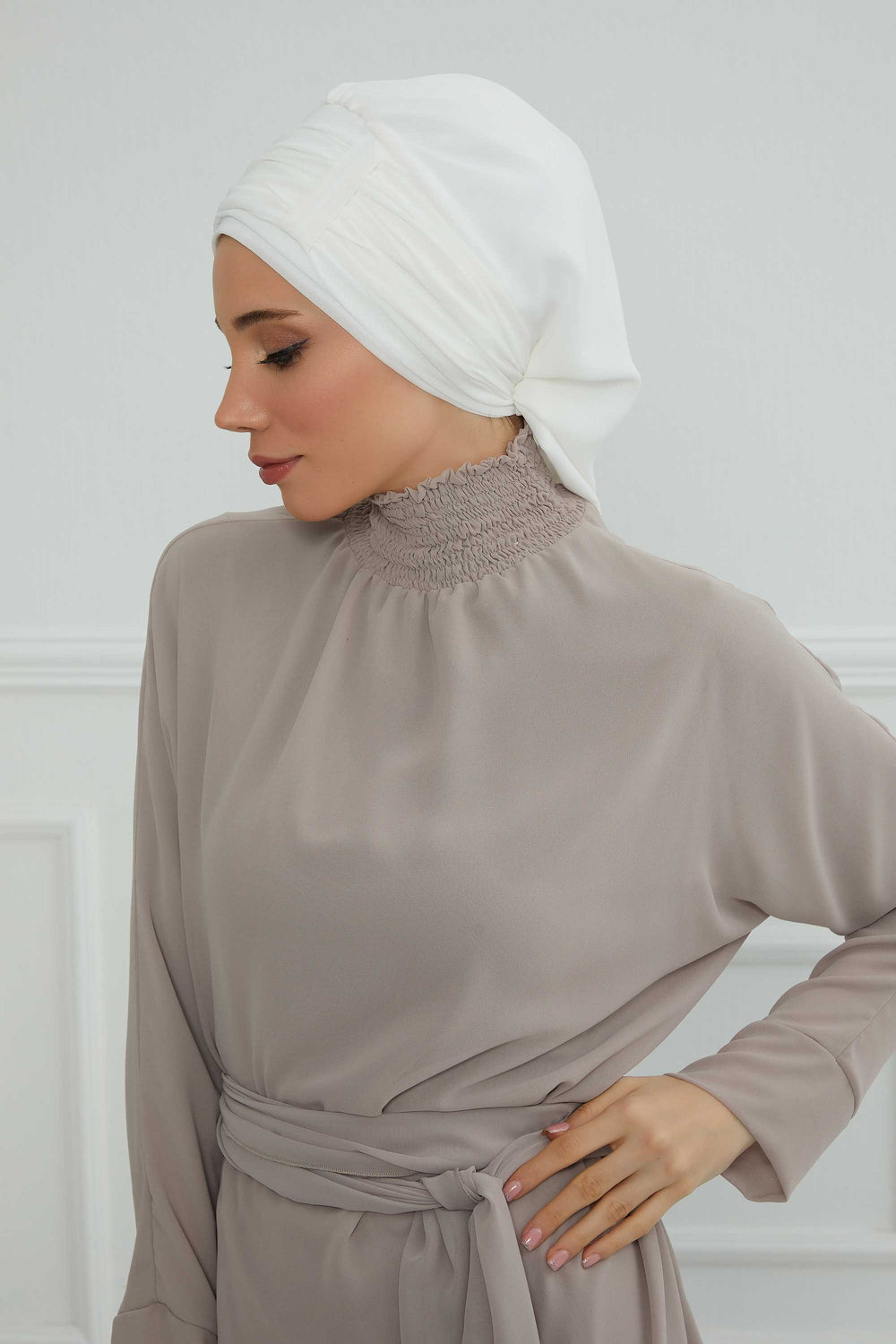 Pleated Chiffon Instant Turban for Women, Pre-Tied Elegant Hijab Cap, Lightweight Modest Headwrap for Daily & Formal Wear,HT-107 Off-White