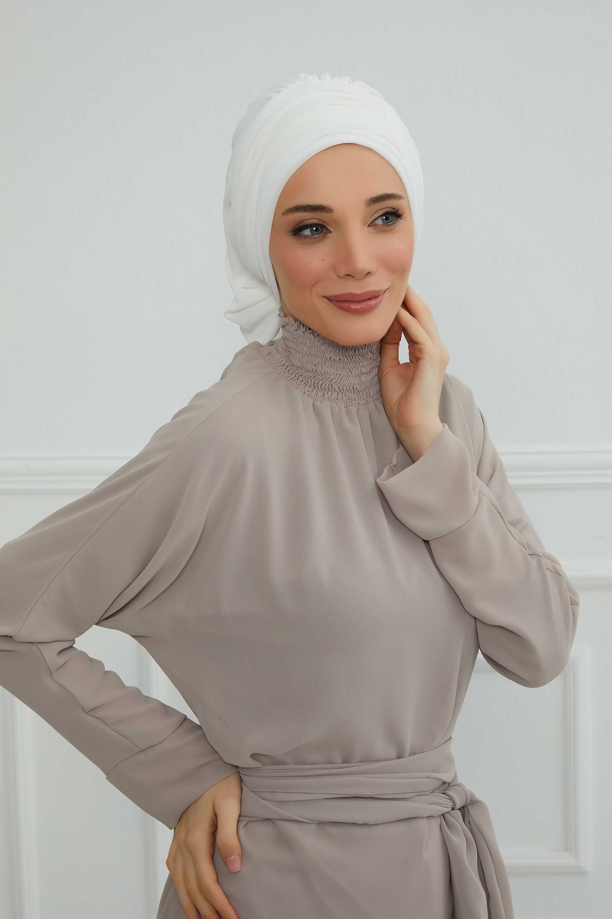 Pleated Chiffon Instant Turban for Women, Pre-Tied Elegant Hijab Cap, Lightweight Modest Headwrap for Daily & Formal Wear,HT-107 Off-White