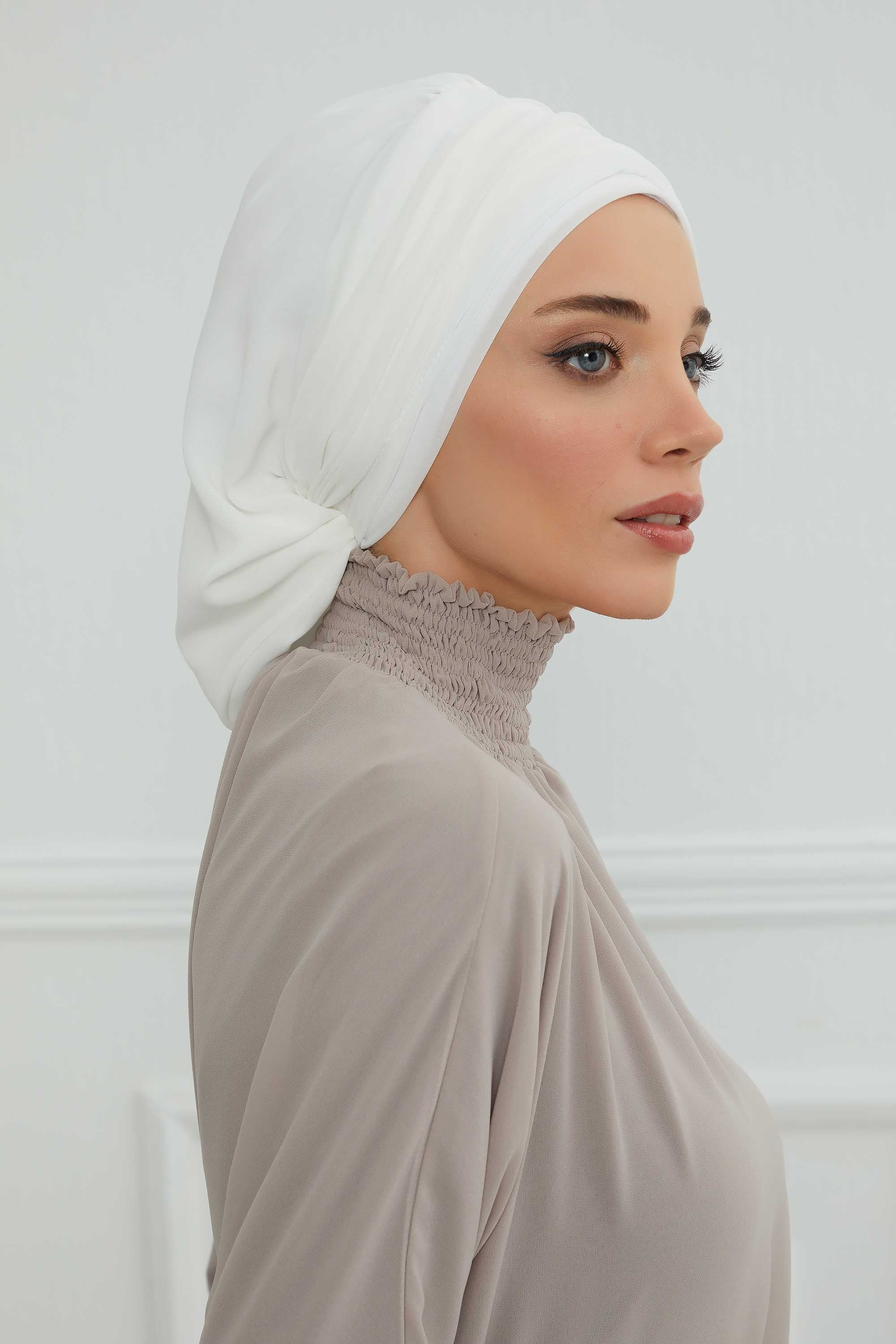 Pleated Chiffon Instant Turban for Women, Pre-Tied Elegant Hijab Cap, Lightweight Modest Headwrap for Daily & Formal Wear,HT-107 Off-White