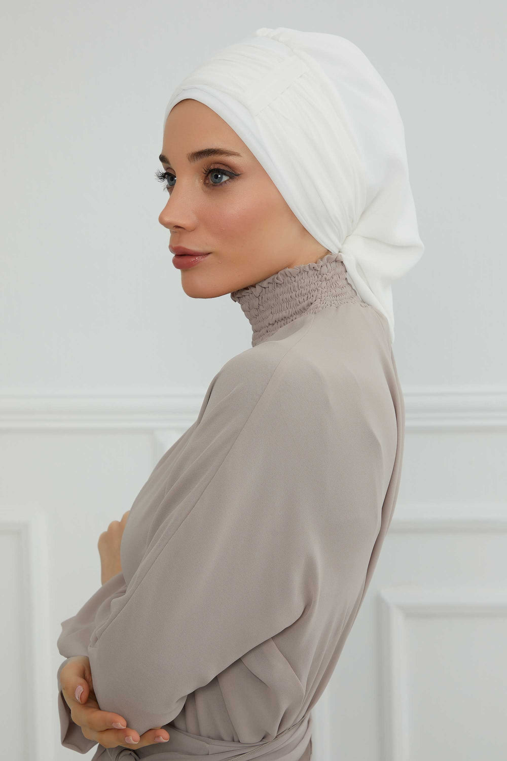Pleated Chiffon Instant Turban for Women, Pre-Tied Elegant Hijab Cap, Lightweight Modest Headwrap for Daily & Formal Wear,HT-107 Off-White