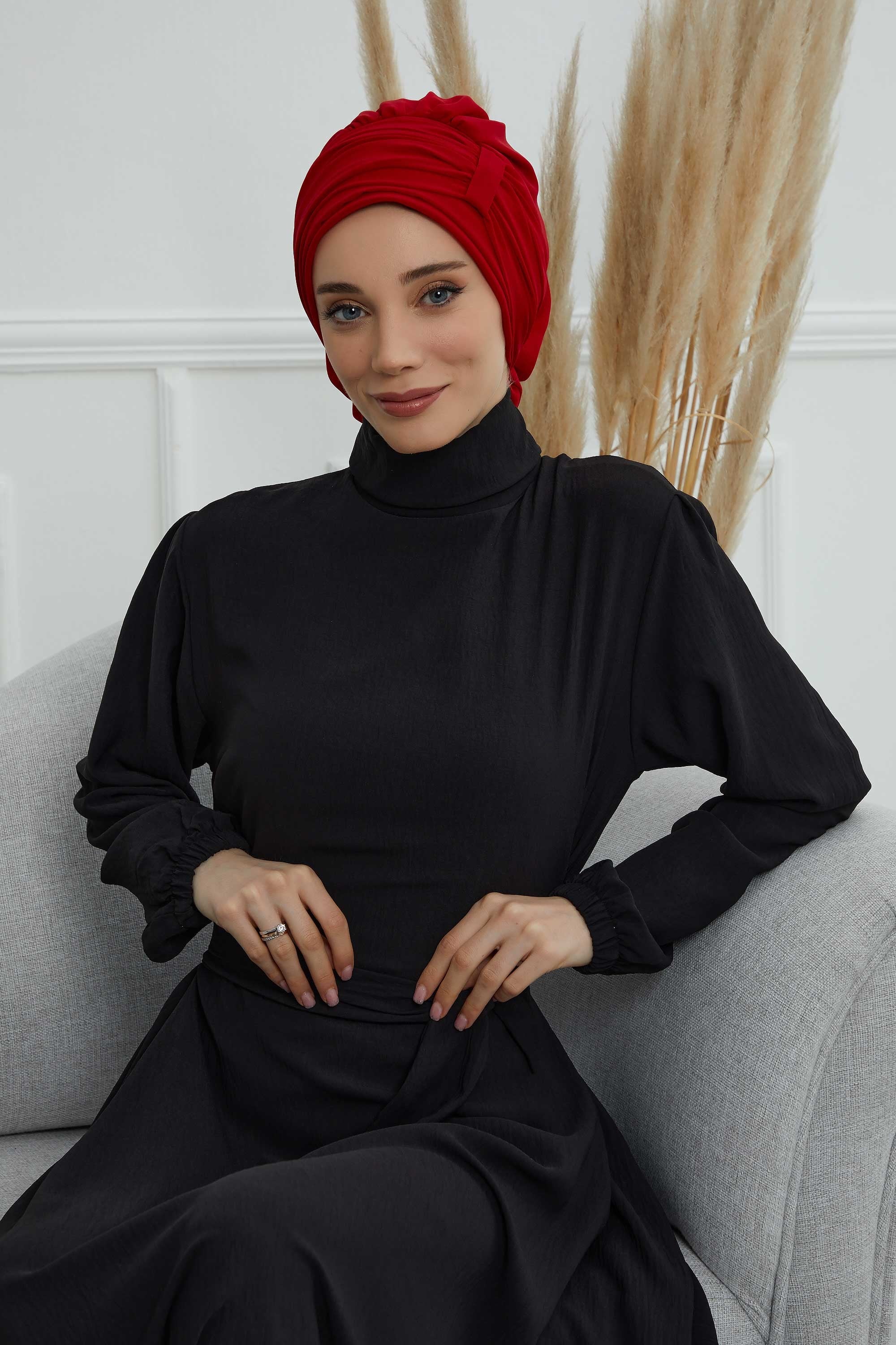Pleated Chiffon Instant Turban for Women, Pre-Tied Elegant Hijab Cap, Lightweight Modest Headwrap for Daily & Formal Wear,HT-107 Red