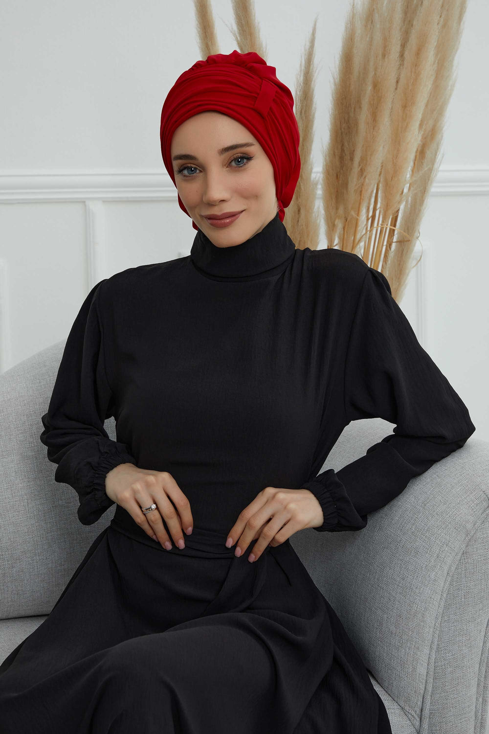 Pleated Chiffon Instant Turban for Women, Pre-Tied Elegant Hijab Cap, Lightweight Modest Headwrap for Daily & Formal Wear,HT-107 Red