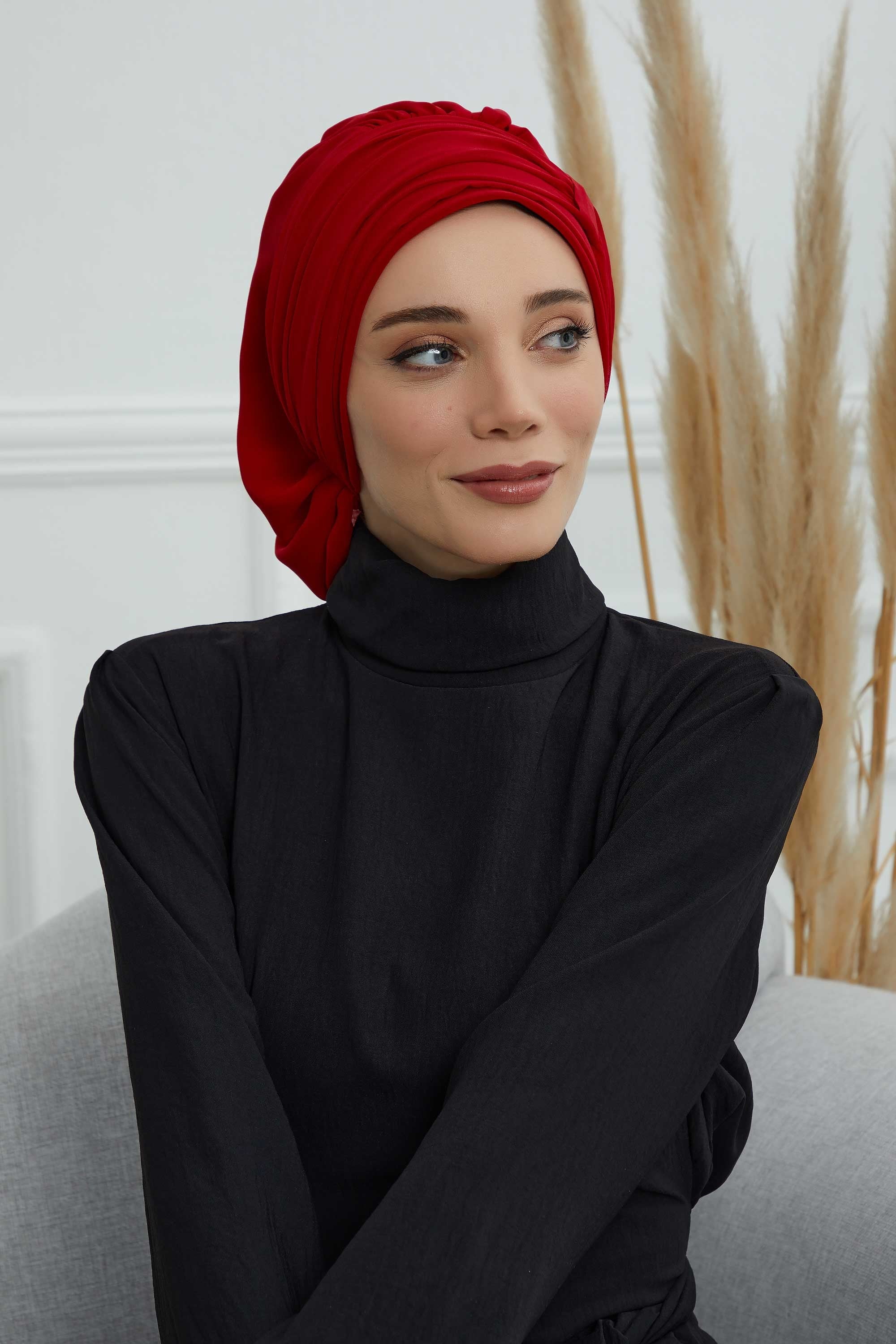 Pleated Chiffon Instant Turban for Women, Pre-Tied Elegant Hijab Cap, Lightweight Modest Headwrap for Daily & Formal Wear,HT-107 Red