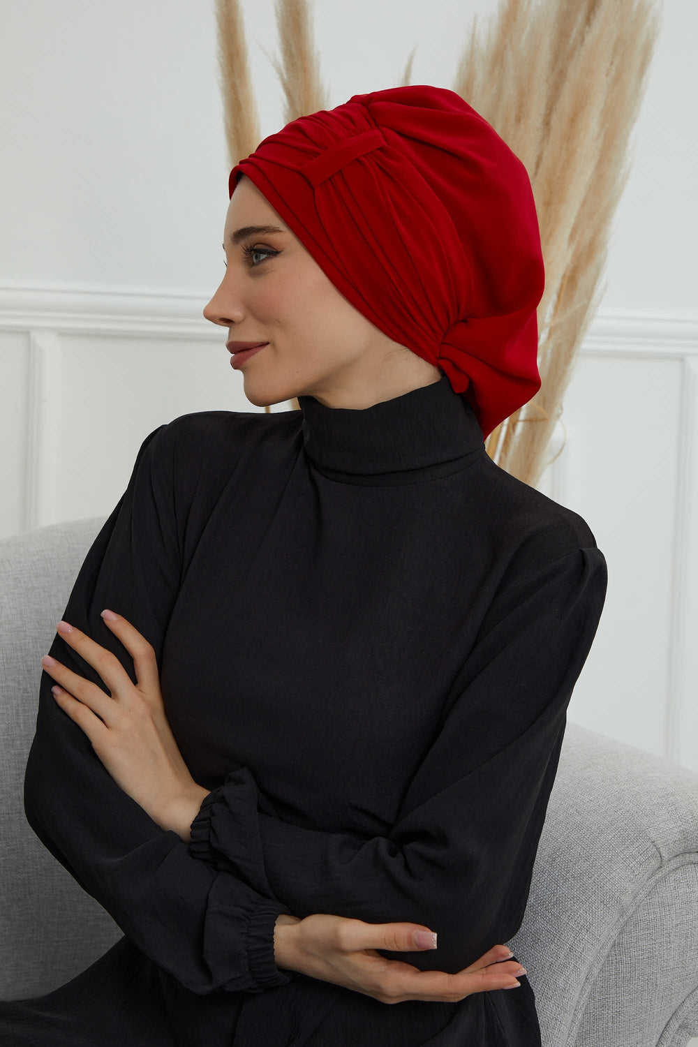 Pleated Chiffon Instant Turban for Women, Pre-Tied Elegant Hijab Cap, Lightweight Modest Headwrap for Daily & Formal Wear,HT-107 Red