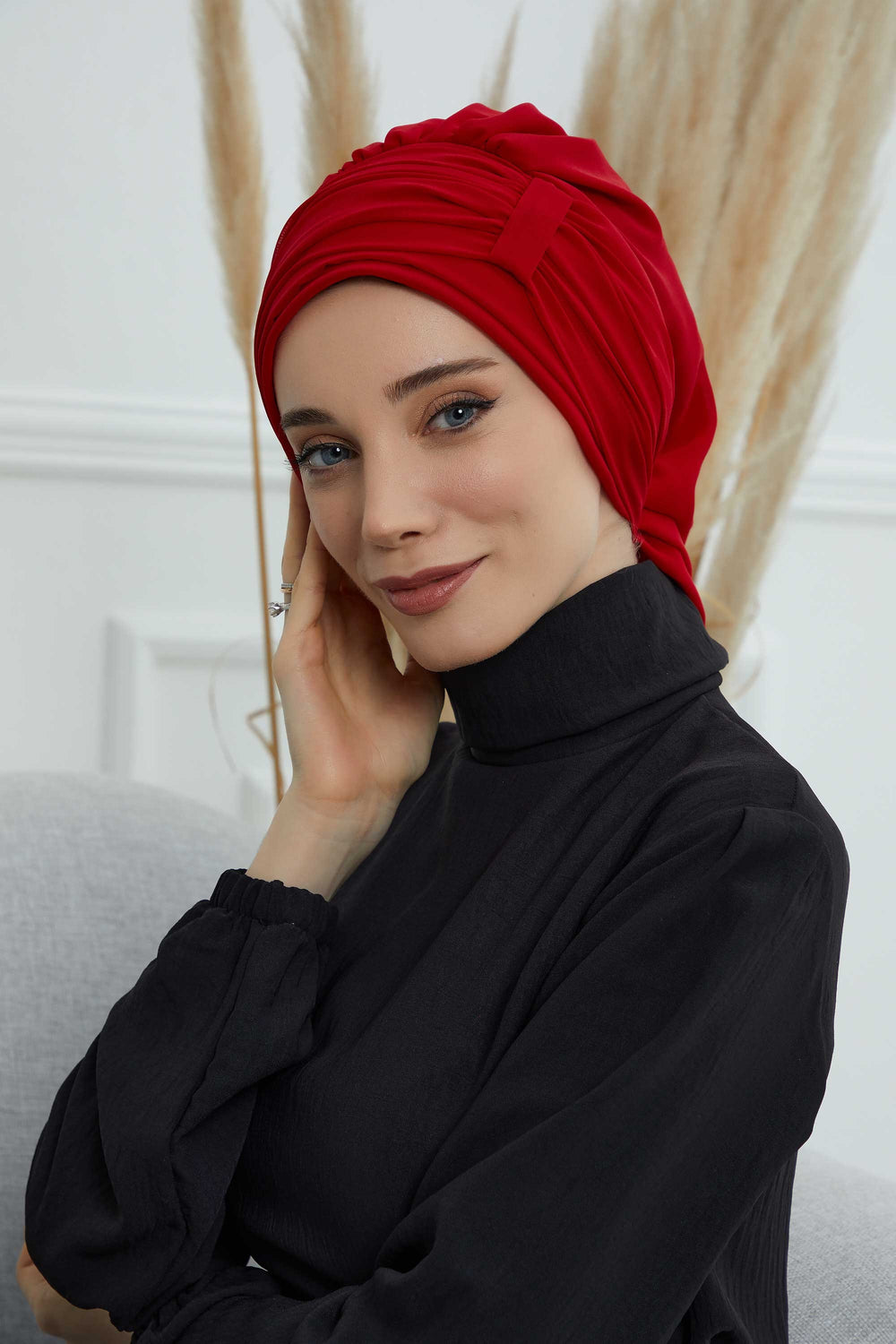 Pleated Chiffon Instant Turban for Women, Pre-Tied Elegant Hijab Cap, Lightweight Modest Headwrap for Daily & Formal Wear,HT-107 Red