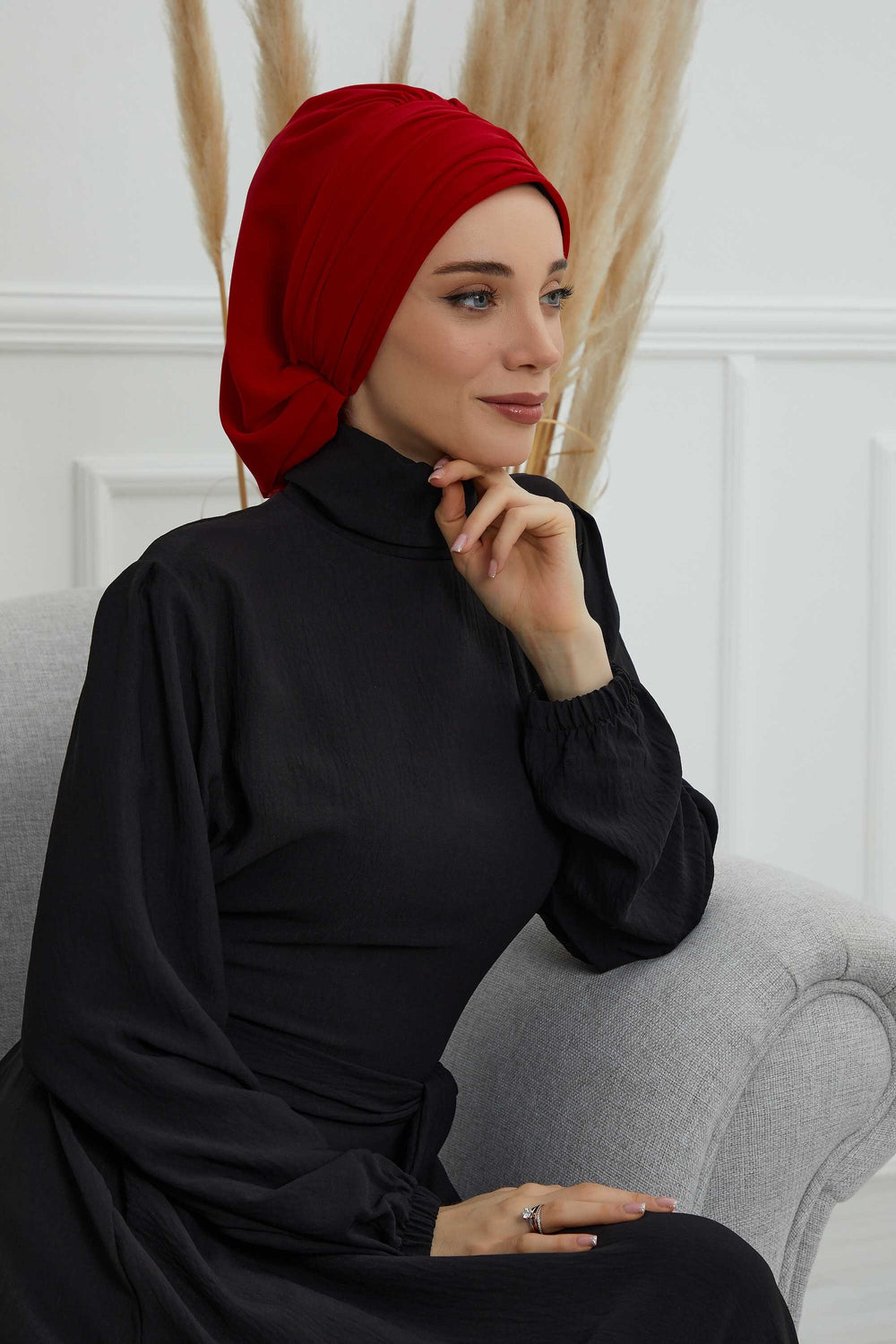 Pleated Chiffon Instant Turban for Women, Pre-Tied Elegant Hijab Cap, Lightweight Modest Headwrap for Daily & Formal Wear,HT-107 Red