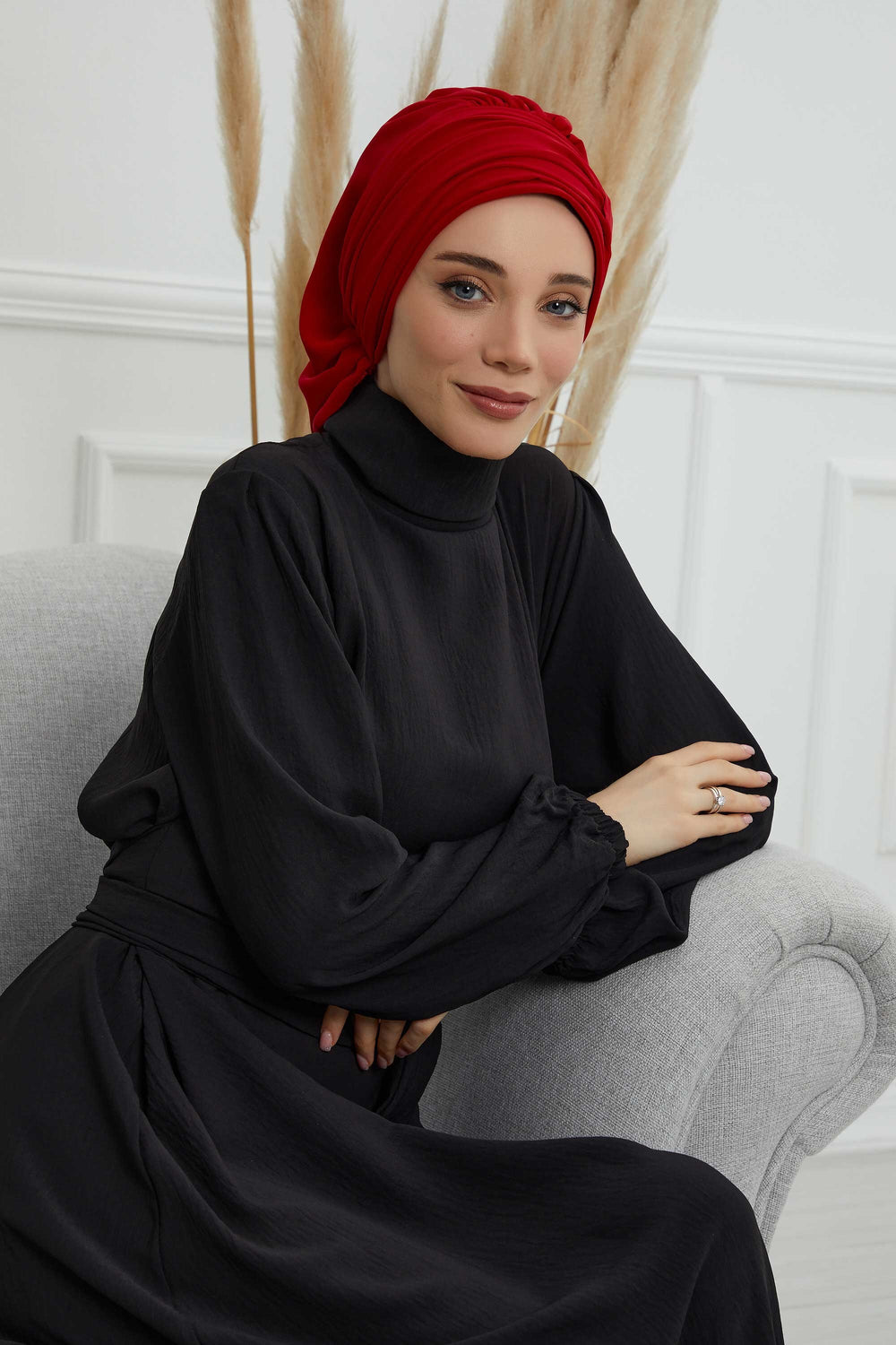 Pleated Chiffon Instant Turban for Women, Pre-Tied Elegant Hijab Cap, Lightweight Modest Headwrap for Daily & Formal Wear,HT-107 Red