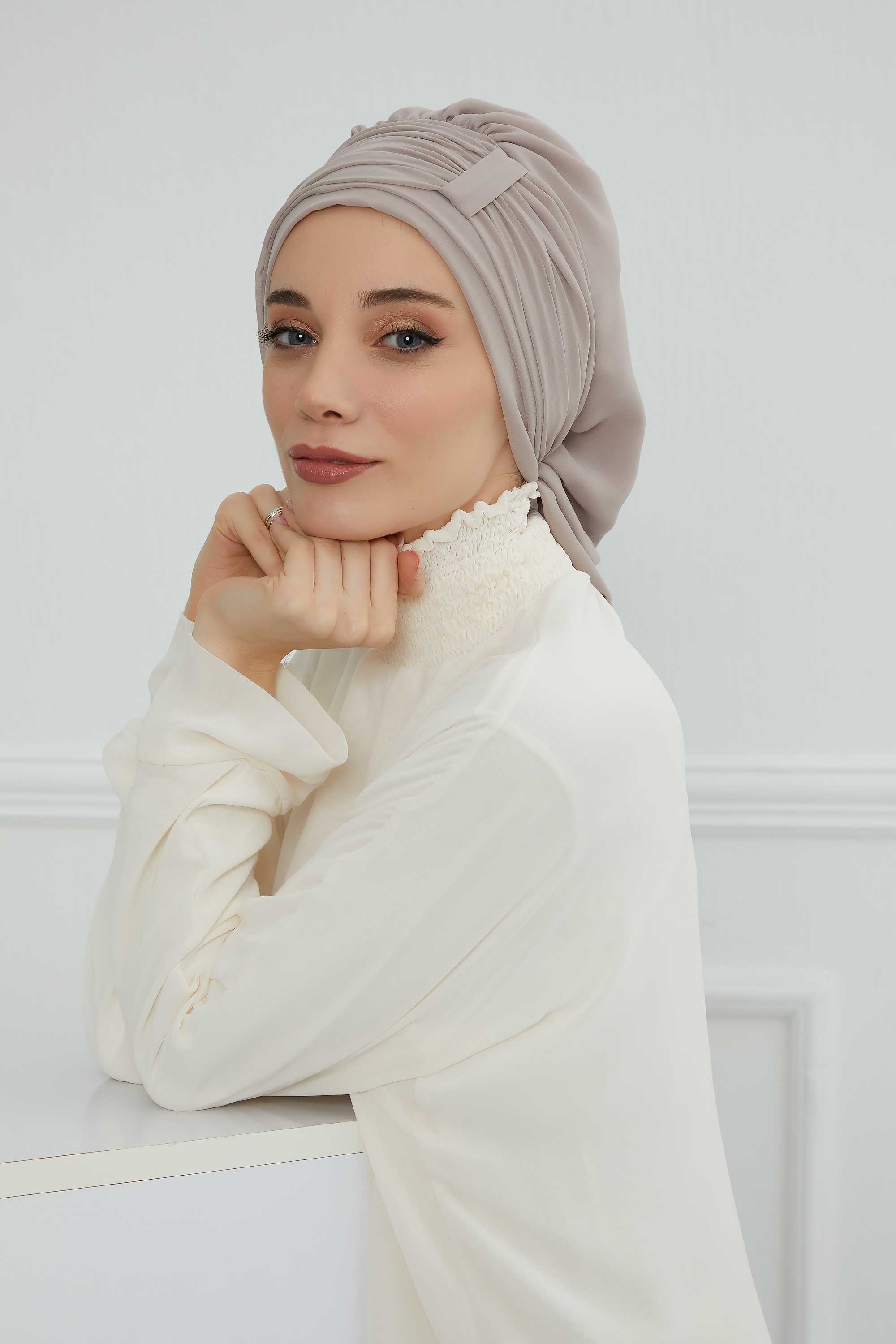 Pleated Chiffon Instant Turban for Women, Pre-Tied Elegant Hijab Cap, Lightweight Modest Headwrap for Daily & Formal Wear,HT-107 Mink