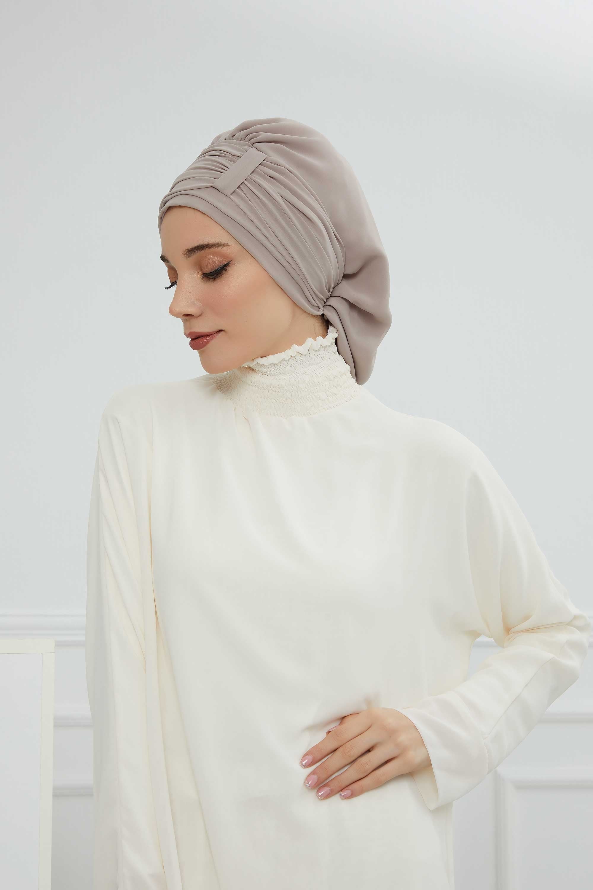 Pleated Chiffon Instant Turban for Women, Pre-Tied Elegant Hijab Cap, Lightweight Modest Headwrap for Daily & Formal Wear,HT-107 Mink