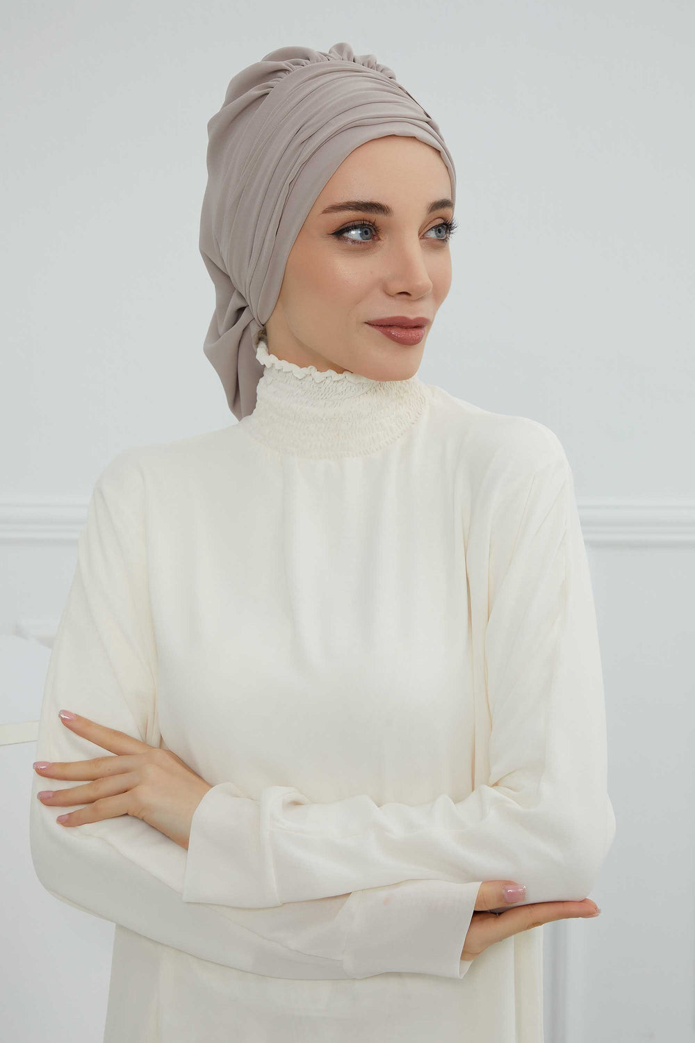 Pleated Chiffon Instant Turban for Women, Pre-Tied Elegant Hijab Cap, Lightweight Modest Headwrap for Daily & Formal Wear,HT-107 Mink
