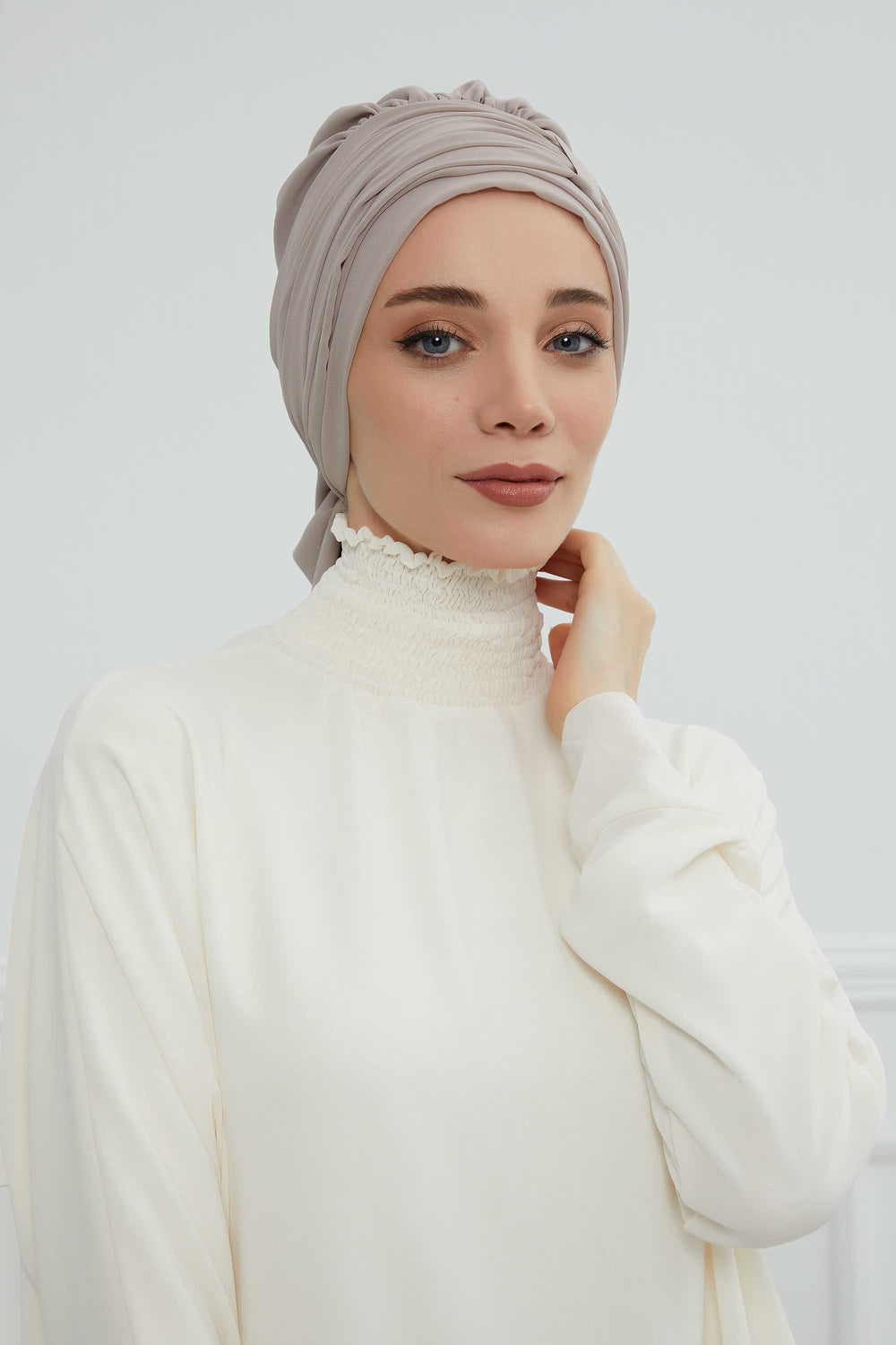 Pleated Chiffon Instant Turban for Women, Pre-Tied Elegant Hijab Cap, Lightweight Modest Headwrap for Daily & Formal Wear,HT-107 Mink