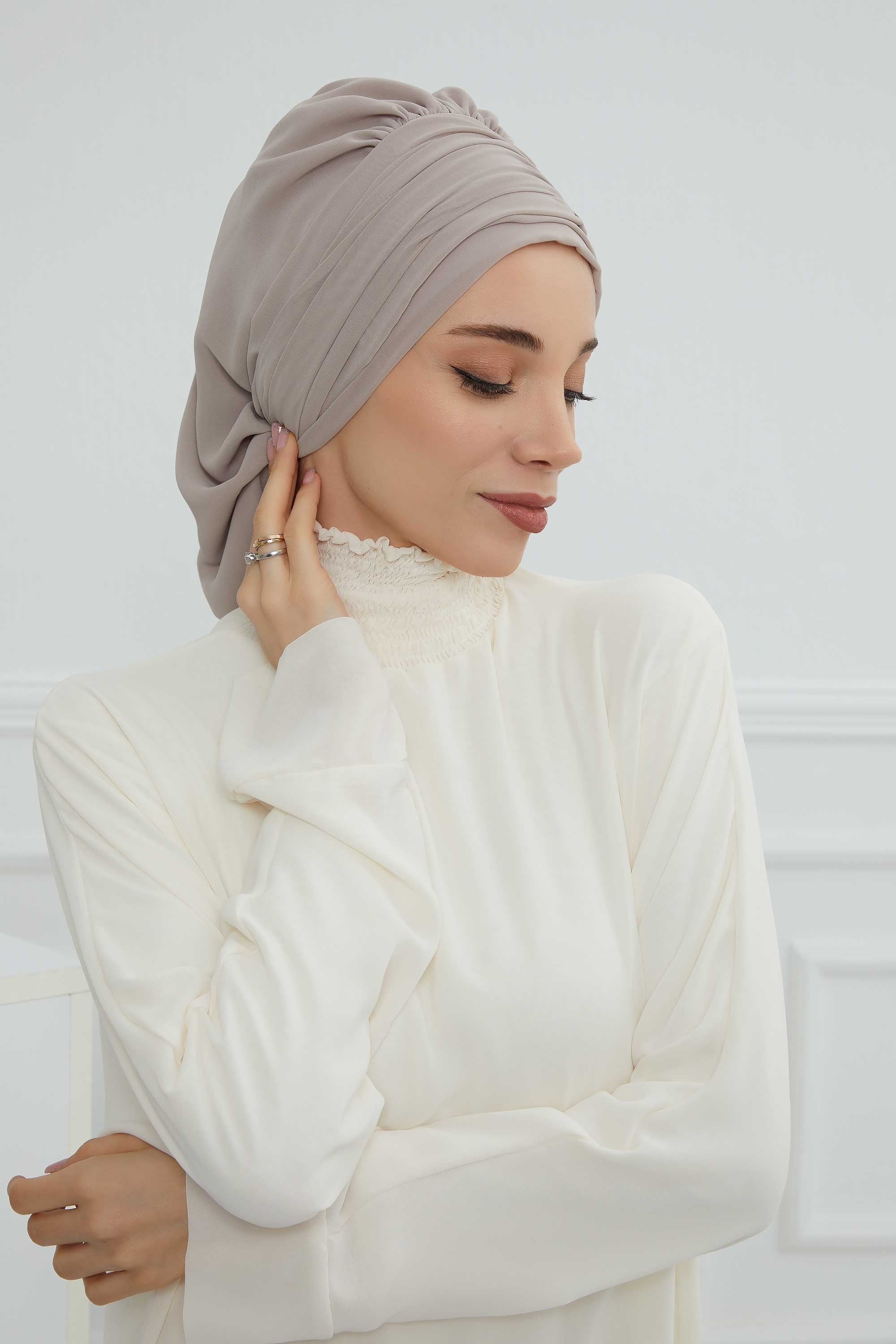 Pleated Chiffon Instant Turban for Women, Pre-Tied Elegant Hijab Cap, Lightweight Modest Headwrap for Daily & Formal Wear,HT-107 Mink