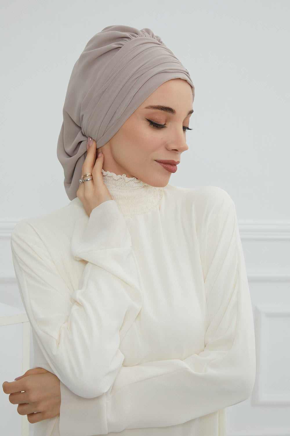 Pleated Chiffon Instant Turban for Women, Pre-Tied Elegant Hijab Cap, Lightweight Modest Headwrap for Daily & Formal Wear,HT-107 Mink