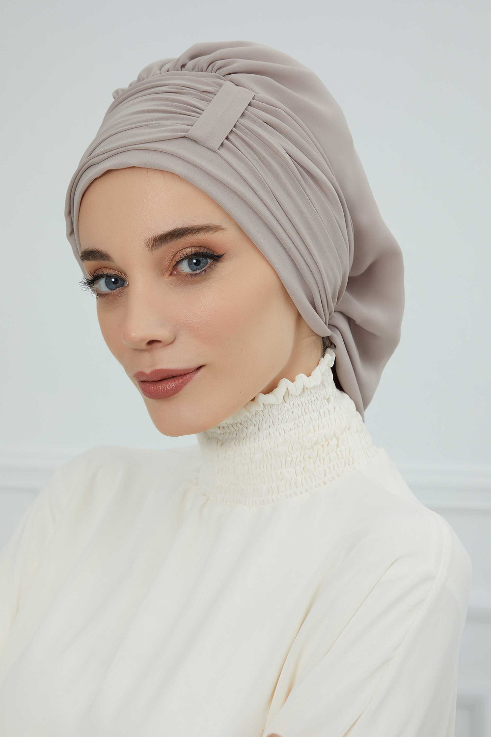 Pleated Chiffon Instant Turban for Women, Pre-Tied Elegant Hijab Cap, Lightweight Modest Headwrap for Daily & Formal Wear,HT-107 Mink