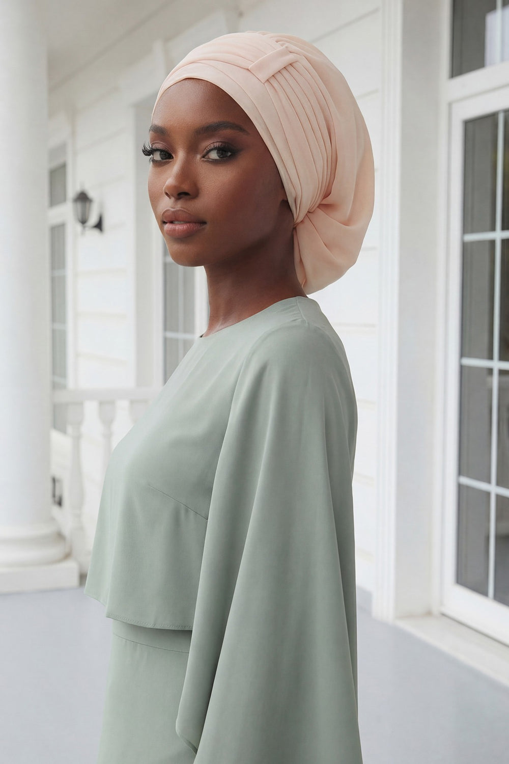Pleated Chiffon Instant Turban for Women, Pre-Tied Elegant Hijab Cap, Lightweight Modest Headwrap for Daily & Formal Wear,HT-107 Beige
