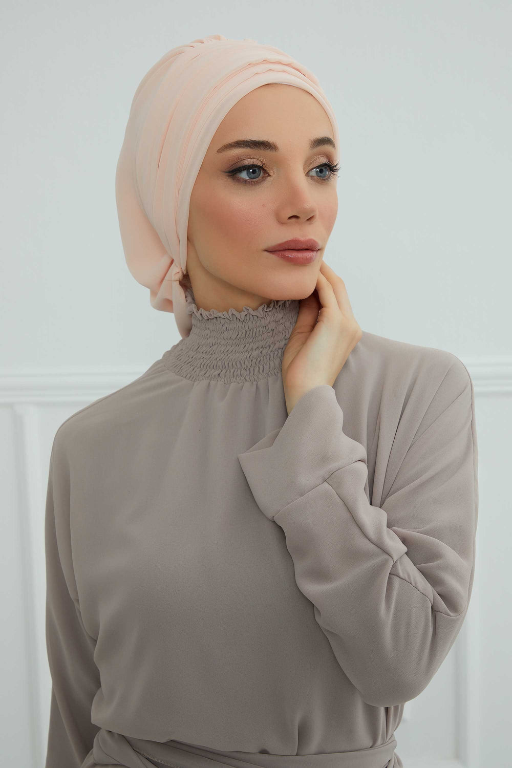 Pleated Chiffon Instant Turban for Women, Pre-Tied Elegant Hijab Cap, Lightweight Modest Headwrap for Daily & Formal Wear,HT-107 Beige