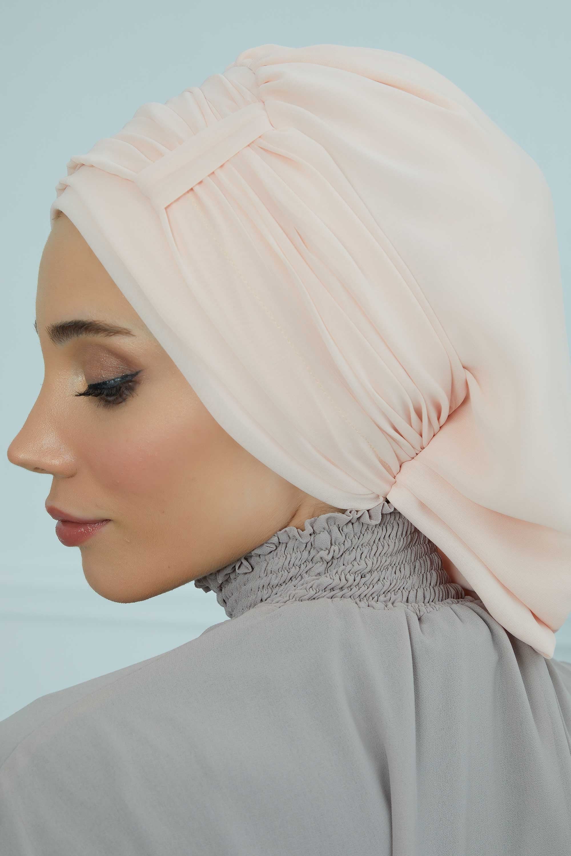 Pleated Chiffon Instant Turban for Women, Pre-Tied Elegant Hijab Cap, Lightweight Modest Headwrap for Daily & Formal Wear,HT-107 Beige