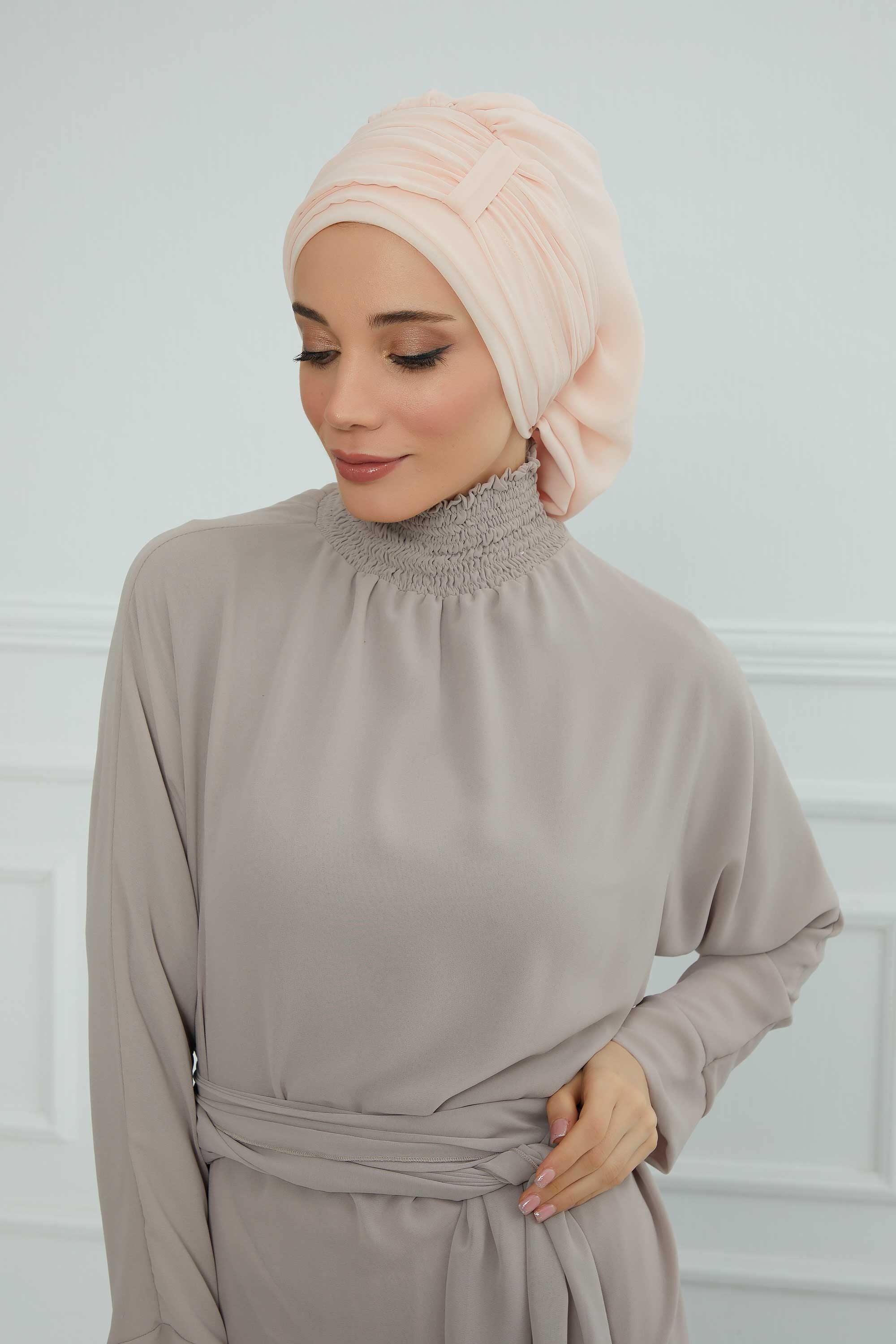 Pleated Chiffon Instant Turban for Women, Pre-Tied Elegant Hijab Cap, Lightweight Modest Headwrap for Daily & Formal Wear,HT-107 Beige
