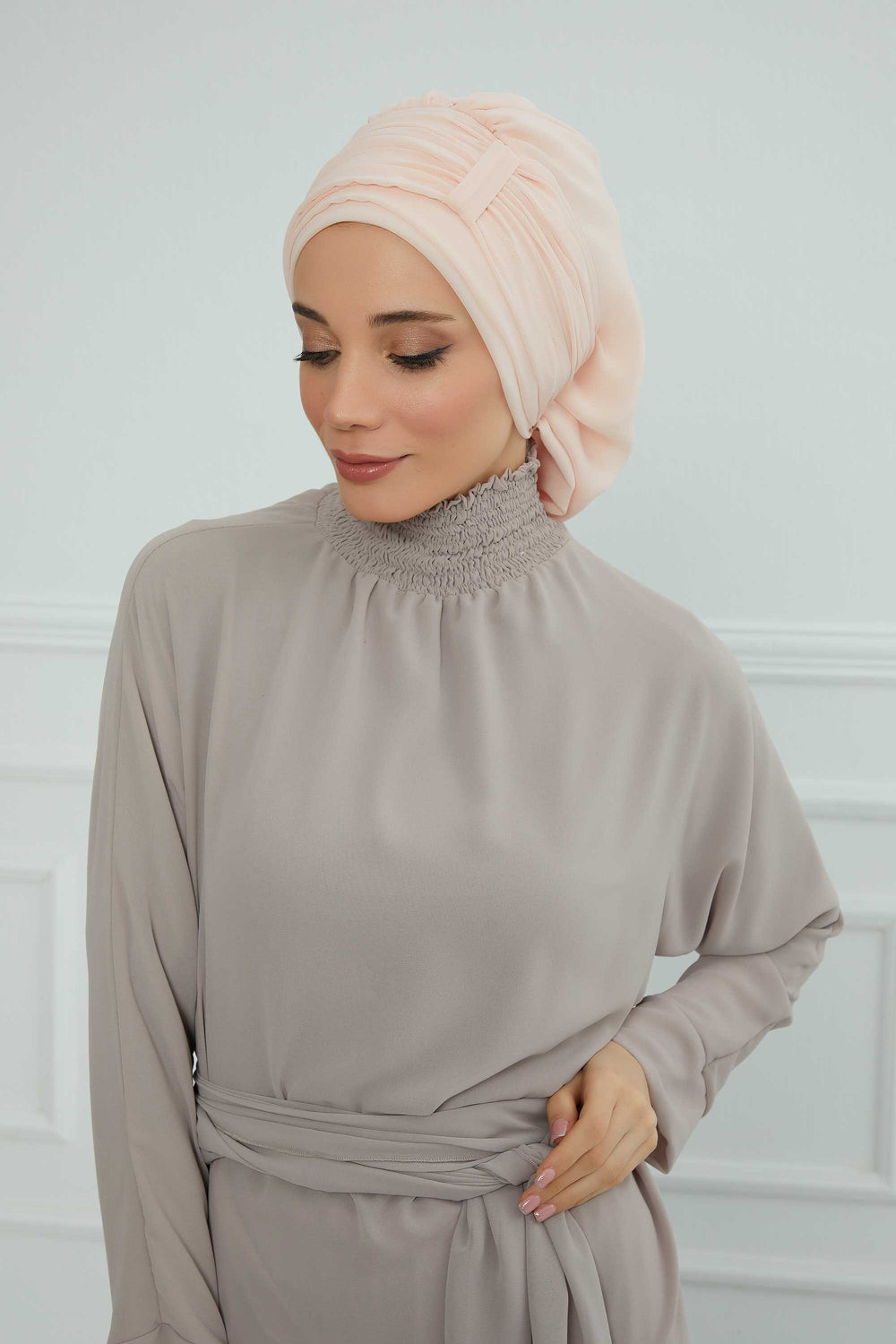 Pleated Chiffon Instant Turban for Women, Pre-Tied Elegant Hijab Cap, Lightweight Modest Headwrap for Daily & Formal Wear,HT-107 Beige