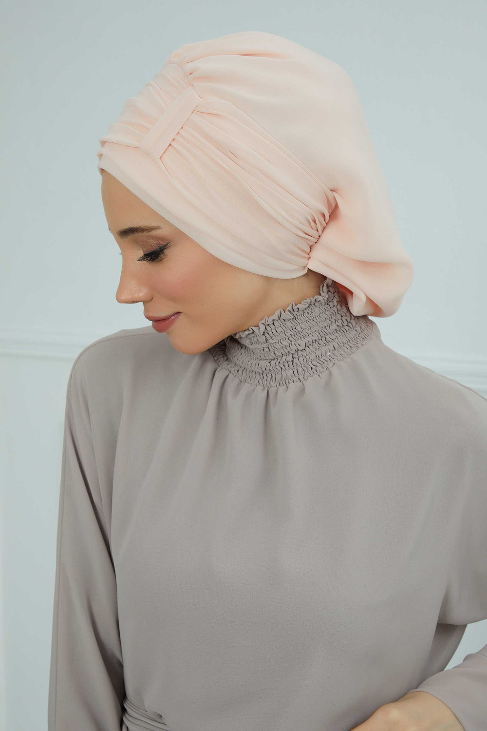 Pleated Chiffon Instant Turban for Women, Pre-Tied Elegant Hijab Cap, Lightweight Modest Headwrap for Daily & Formal Wear,HT-107 Beige