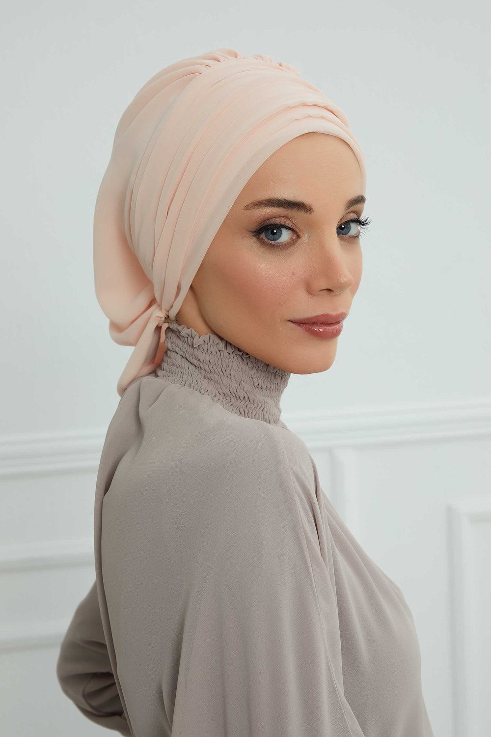 Pleated Chiffon Instant Turban for Women, Pre-Tied Elegant Hijab Cap, Lightweight Modest Headwrap for Daily & Formal Wear,HT-107 Beige