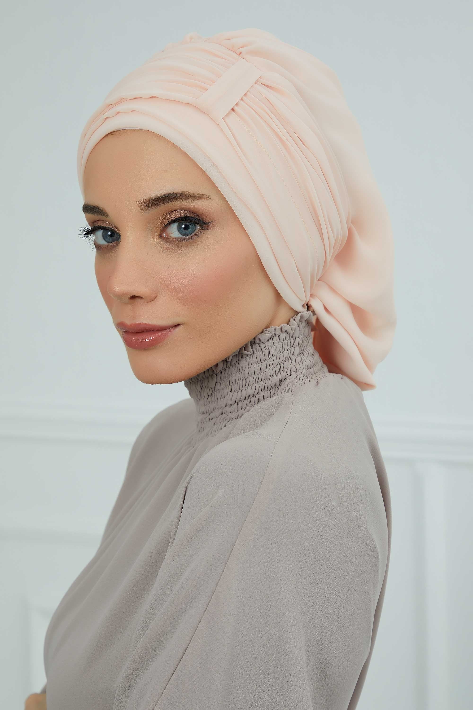 Pleated Chiffon Instant Turban for Women, Pre-Tied Elegant Hijab Cap, Lightweight Modest Headwrap for Daily & Formal Wear,HT-107 Beige