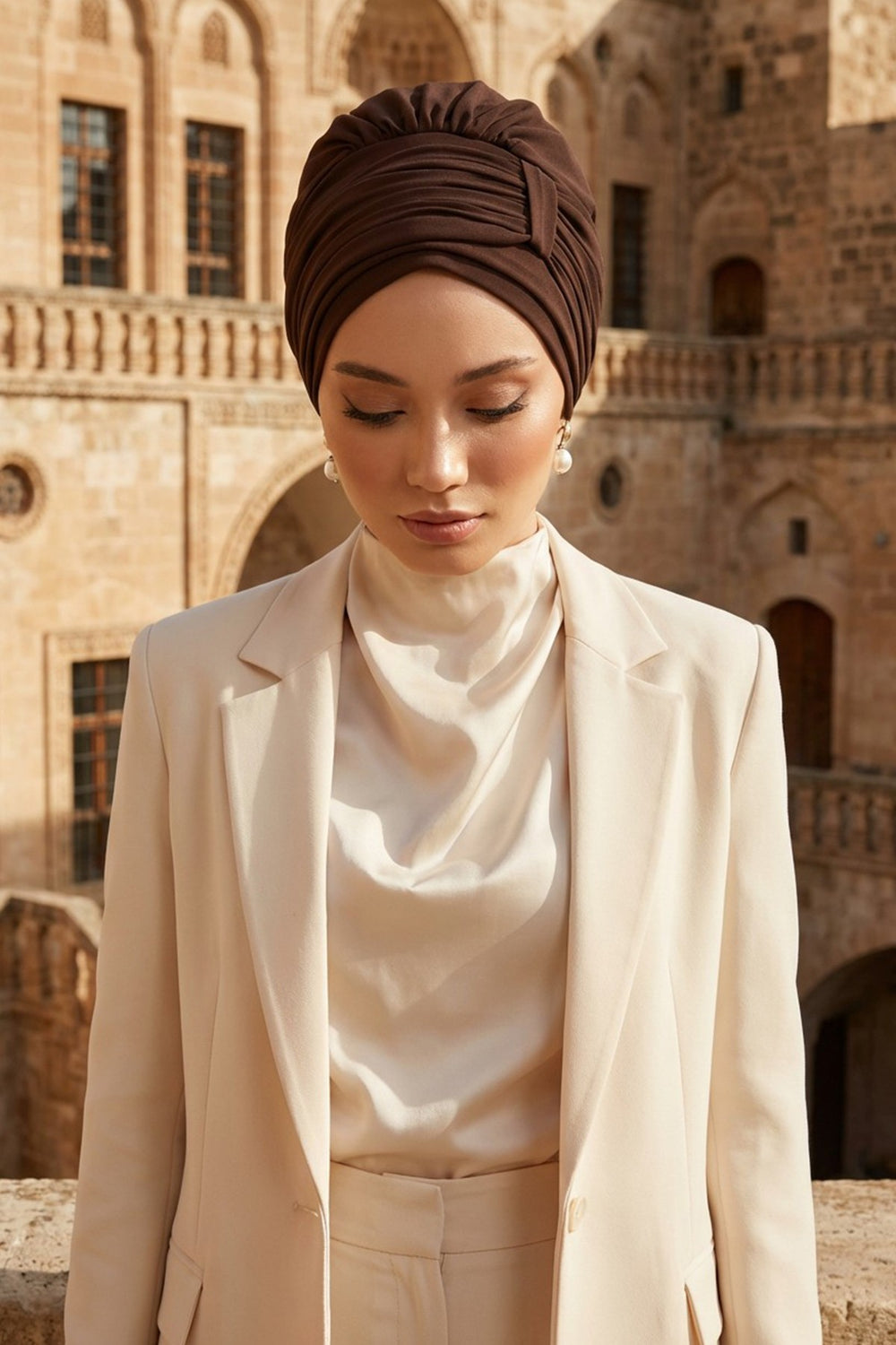 Pleated Chiffon Instant Turban for Women, Pre-Tied Elegant Hijab Cap, Lightweight Modest Headwrap for Daily & Formal Wear,HT-107 Brown