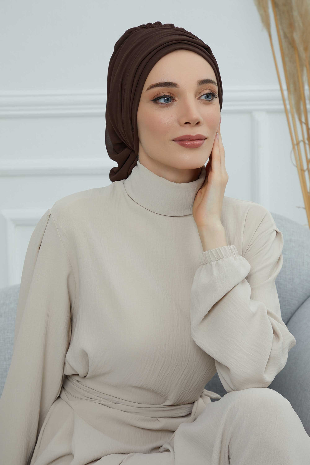 Pleated Chiffon Instant Turban for Women, Pre-Tied Elegant Hijab Cap, Lightweight Modest Headwrap for Daily & Formal Wear,HT-107 Brown