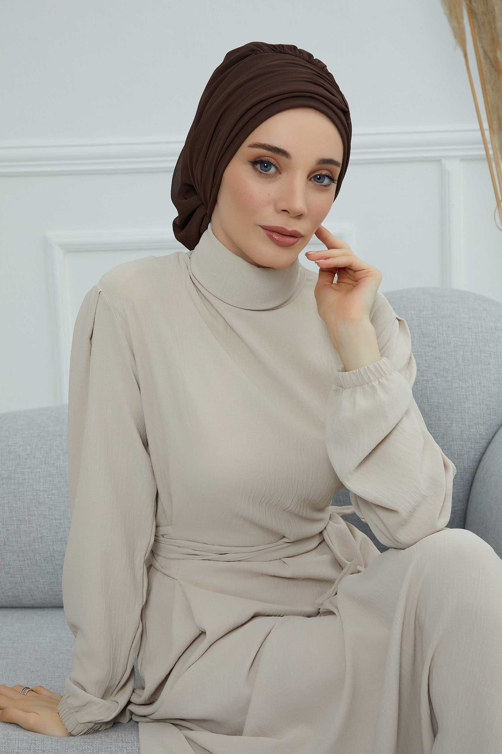 Pleated Chiffon Instant Turban for Women, Pre-Tied Elegant Hijab Cap, Lightweight Modest Headwrap for Daily & Formal Wear,HT-107 Brown