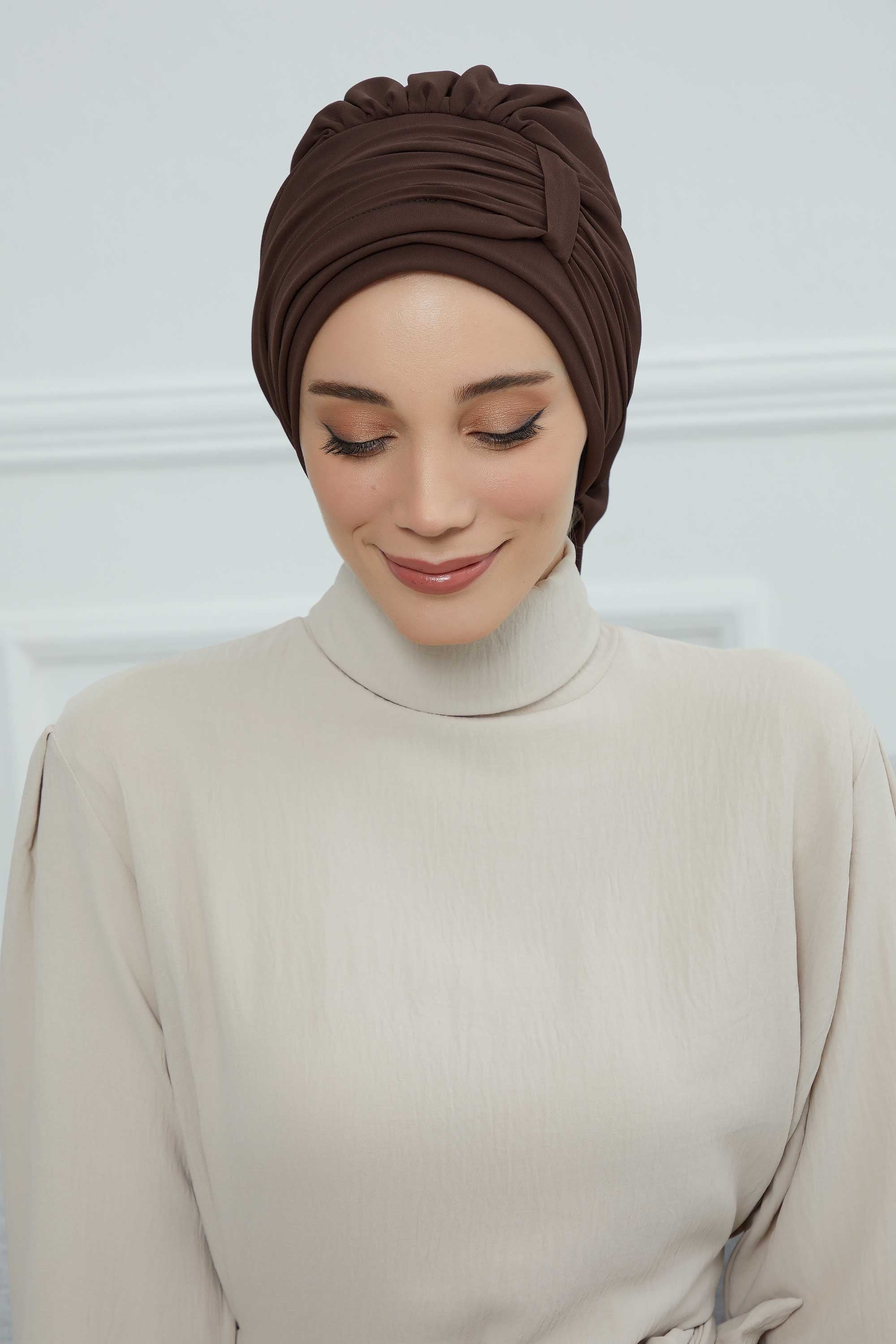 Pleated Chiffon Instant Turban for Women, Pre-Tied Elegant Hijab Cap, Lightweight Modest Headwrap for Daily & Formal Wear,HT-107 Brown