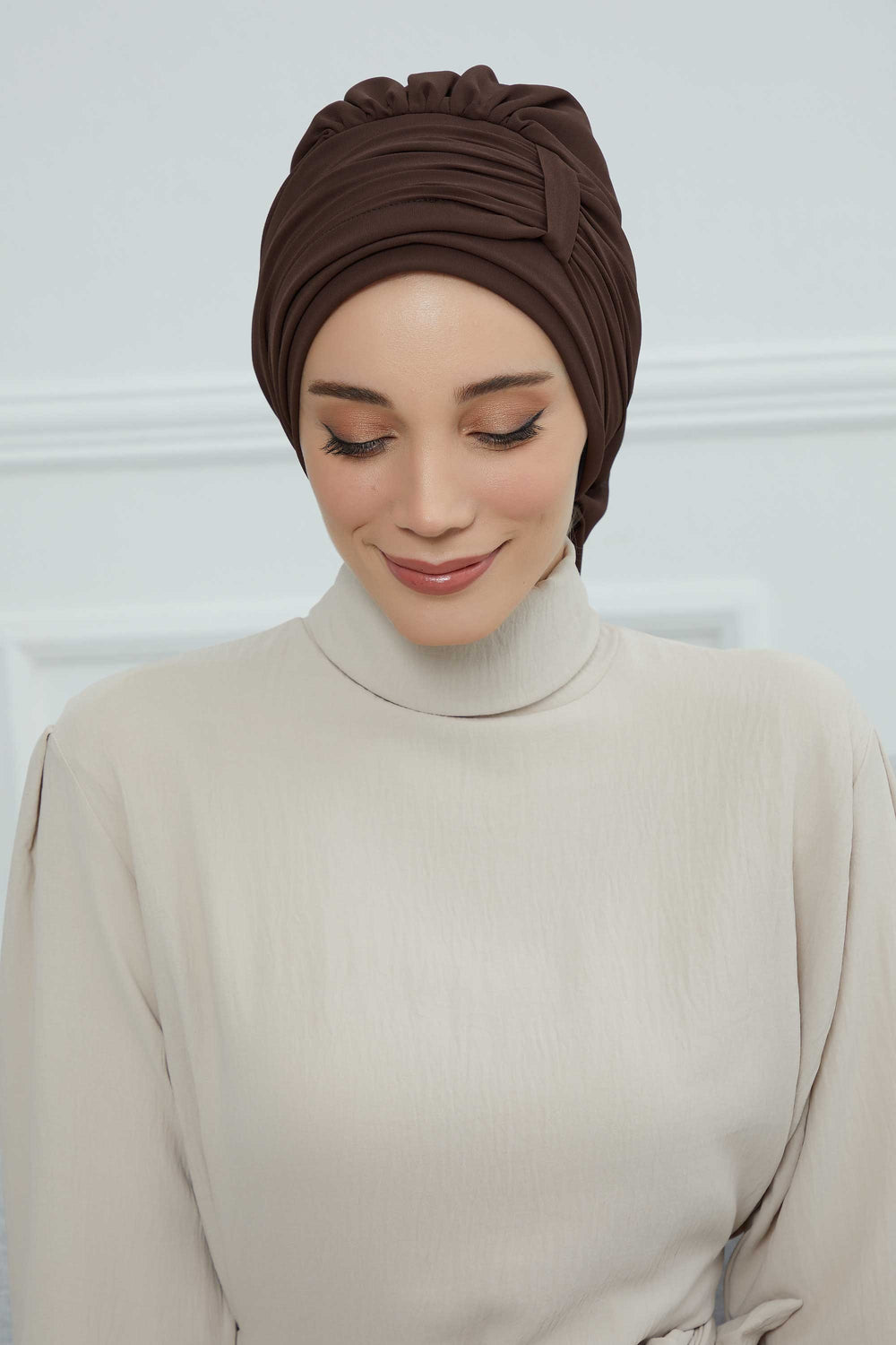 Pleated Chiffon Instant Turban for Women, Pre-Tied Elegant Hijab Cap, Lightweight Modest Headwrap for Daily & Formal Wear,HT-107 Brown