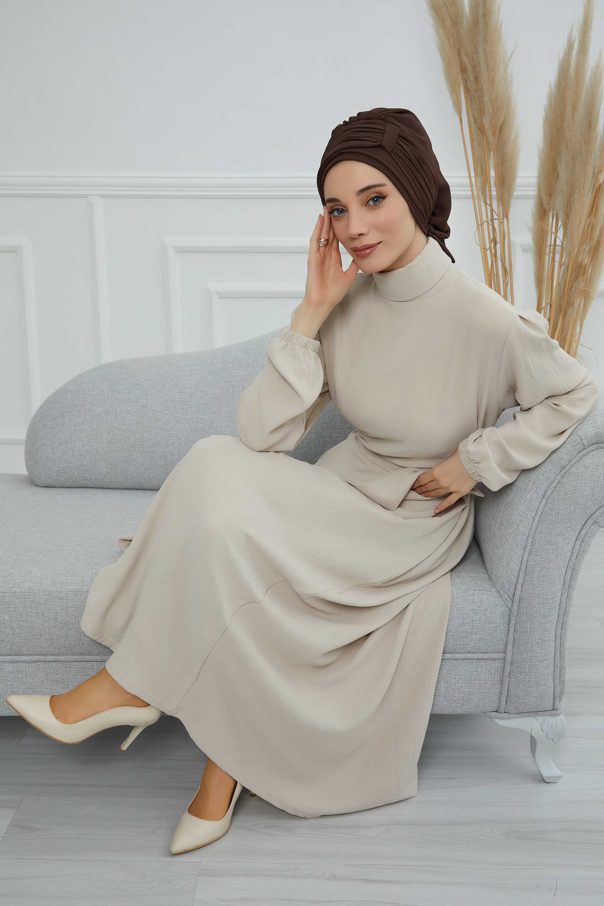 Pleated Chiffon Instant Turban for Women, Pre-Tied Elegant Hijab Cap, Lightweight Modest Headwrap for Daily & Formal Wear,HT-107 Brown