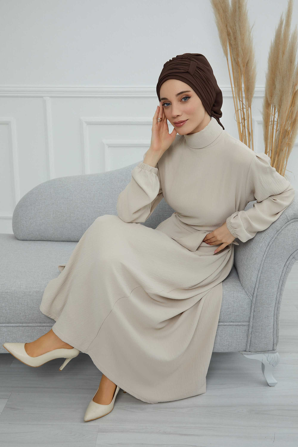 Pleated Chiffon Instant Turban for Women, Pre-Tied Elegant Hijab Cap, Lightweight Modest Headwrap for Daily & Formal Wear,HT-107 Brown