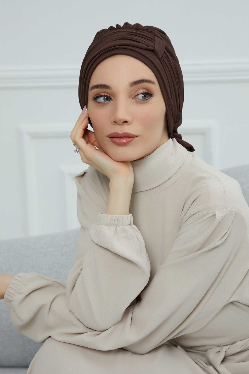 Pleated Chiffon Instant Turban for Women, Pre-Tied Elegant Hijab Cap, Lightweight Modest Headwrap for Daily & Formal Wear,HT-107 Brown