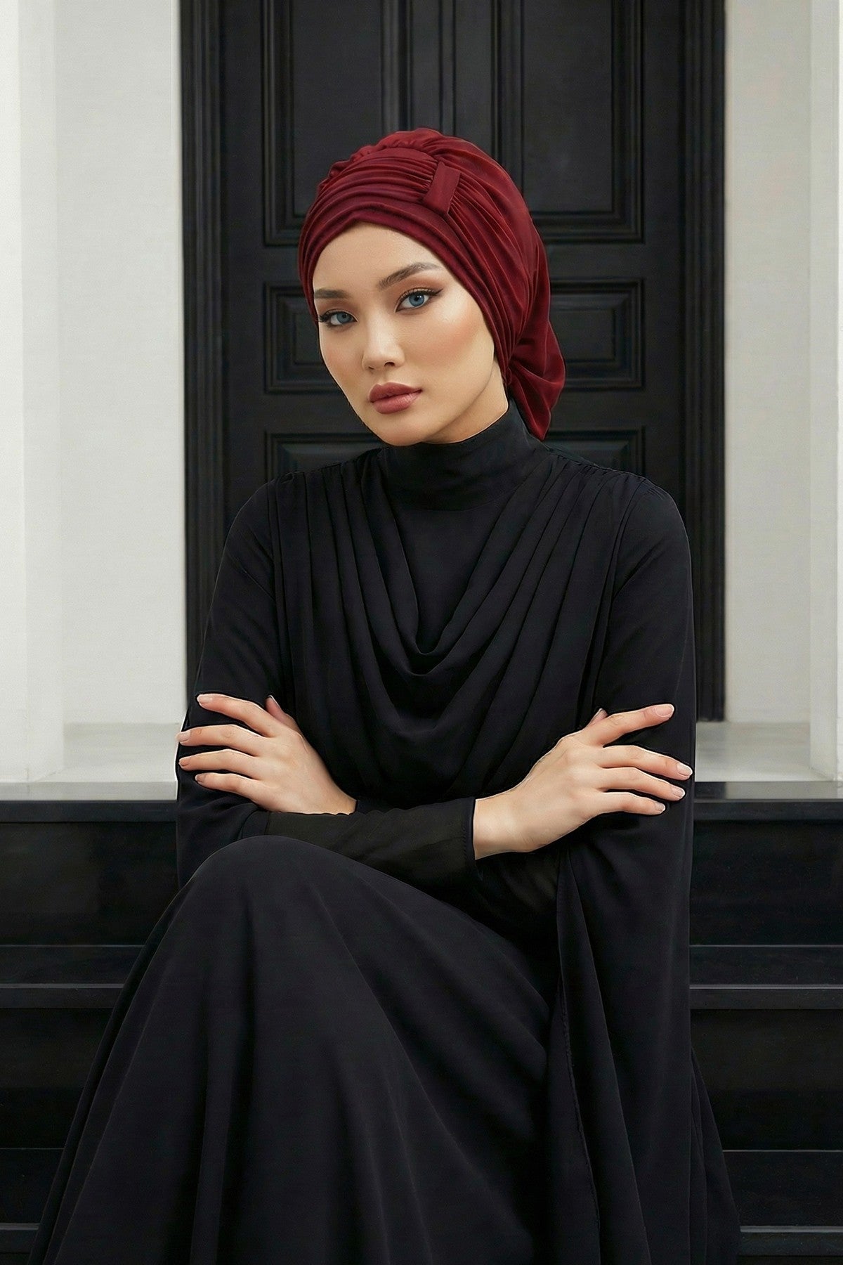 Pleated Chiffon Instant Turban for Women, Pre-Tied Elegant Hijab Cap, Lightweight Modest Headwrap for Daily & Formal Wear,HT-107 Maroon