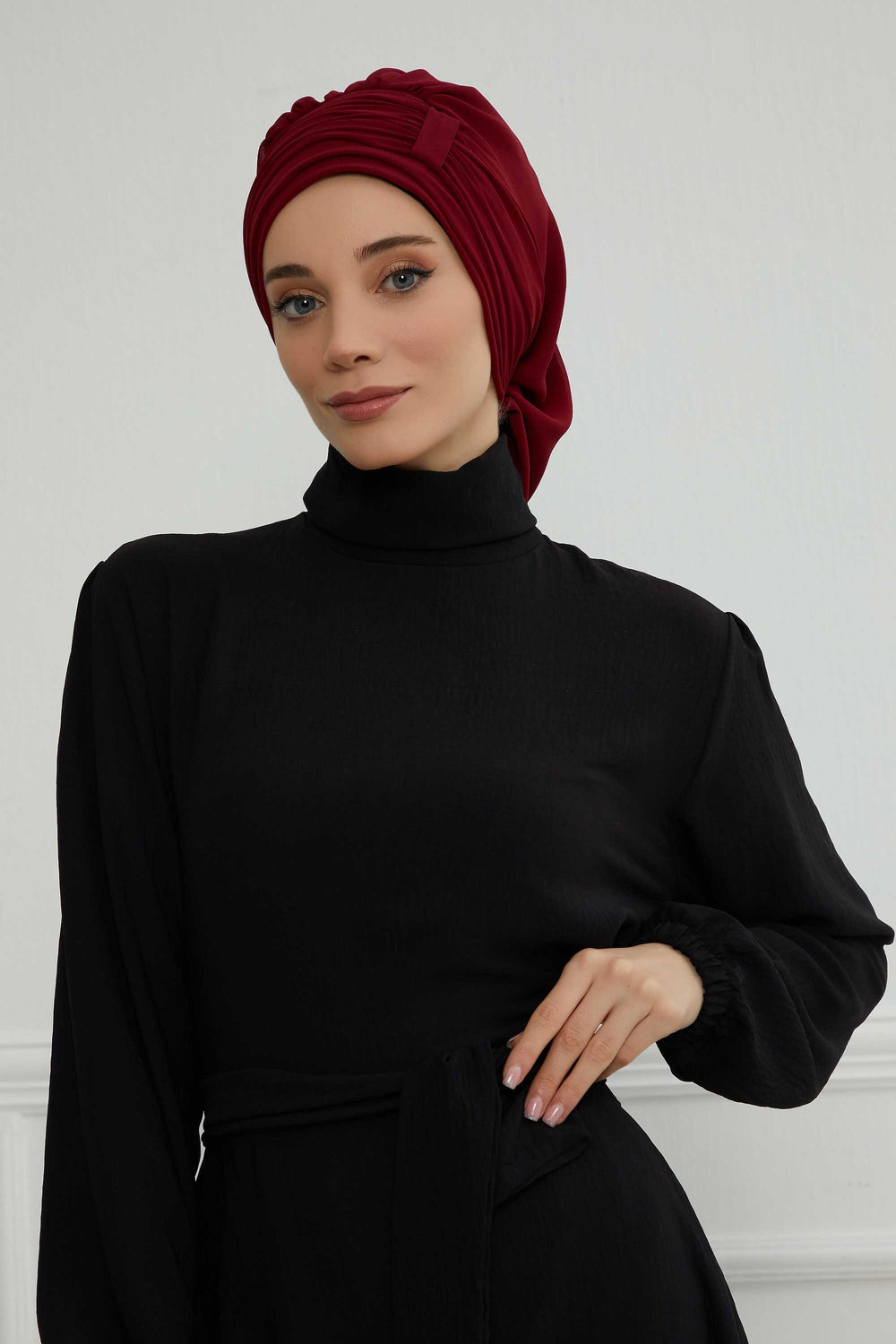Pleated Chiffon Instant Turban for Women, Pre-Tied Elegant Hijab Cap, Lightweight Modest Headwrap for Daily & Formal Wear,HT-107 Maroon