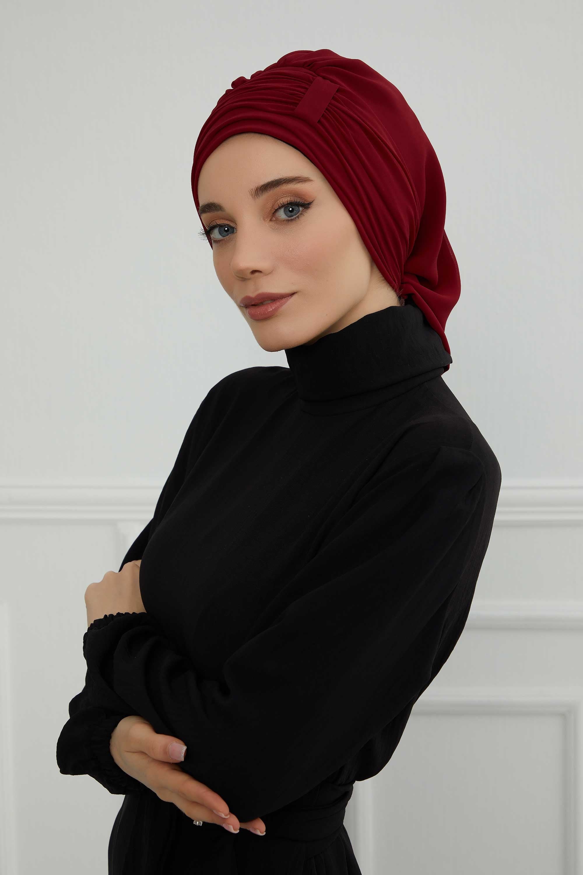 Pleated Chiffon Instant Turban for Women, Pre-Tied Elegant Hijab Cap, Lightweight Modest Headwrap for Daily & Formal Wear,HT-107 Maroon