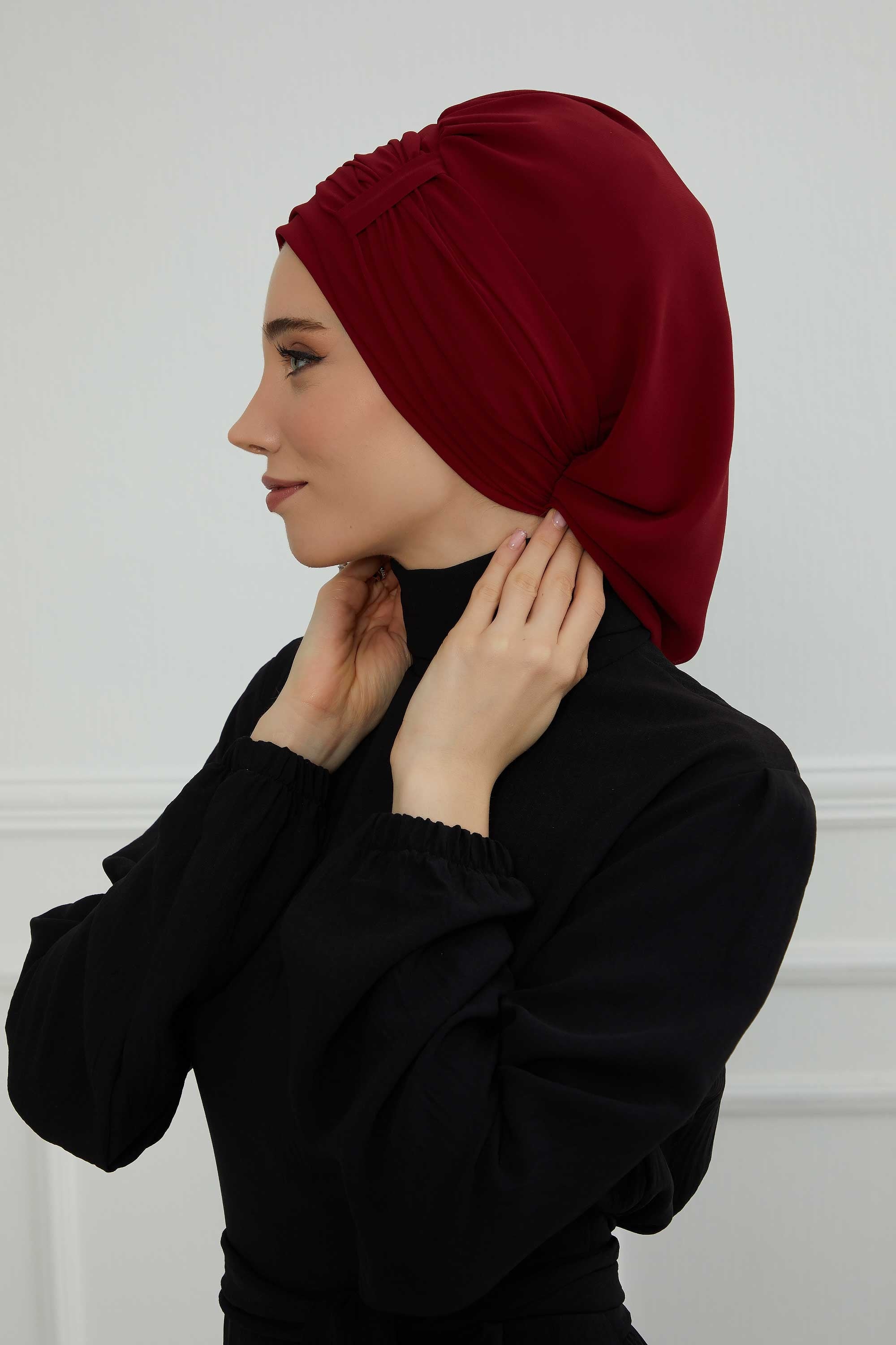Pleated Chiffon Instant Turban for Women, Pre-Tied Elegant Hijab Cap, Lightweight Modest Headwrap for Daily & Formal Wear,HT-107 Maroon