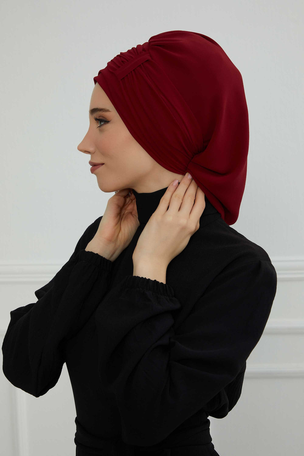 Pleated Chiffon Instant Turban for Women, Pre-Tied Elegant Hijab Cap, Lightweight Modest Headwrap for Daily & Formal Wear,HT-107 Maroon