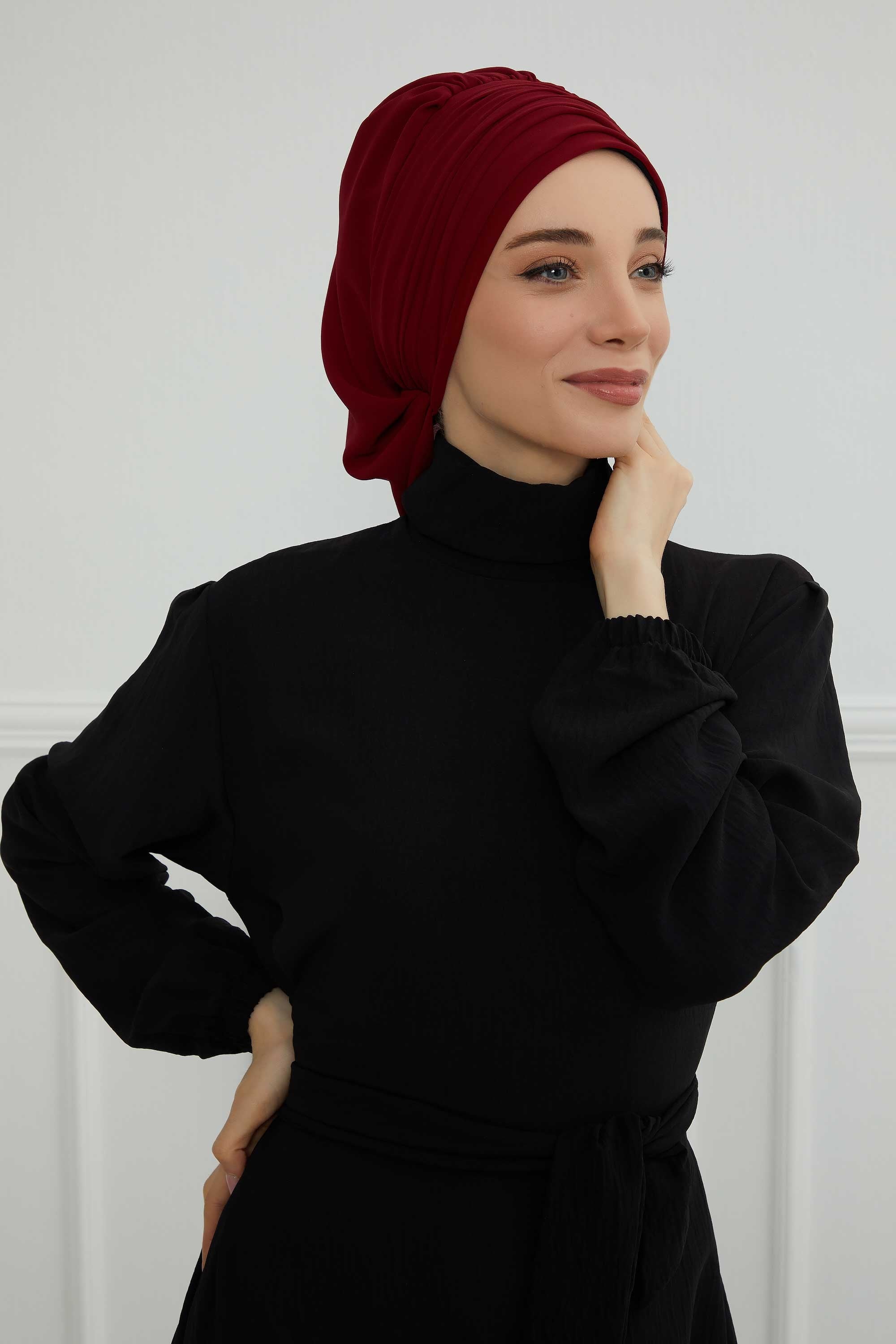 Pleated Chiffon Instant Turban for Women, Pre-Tied Elegant Hijab Cap, Lightweight Modest Headwrap for Daily & Formal Wear,HT-107 Maroon