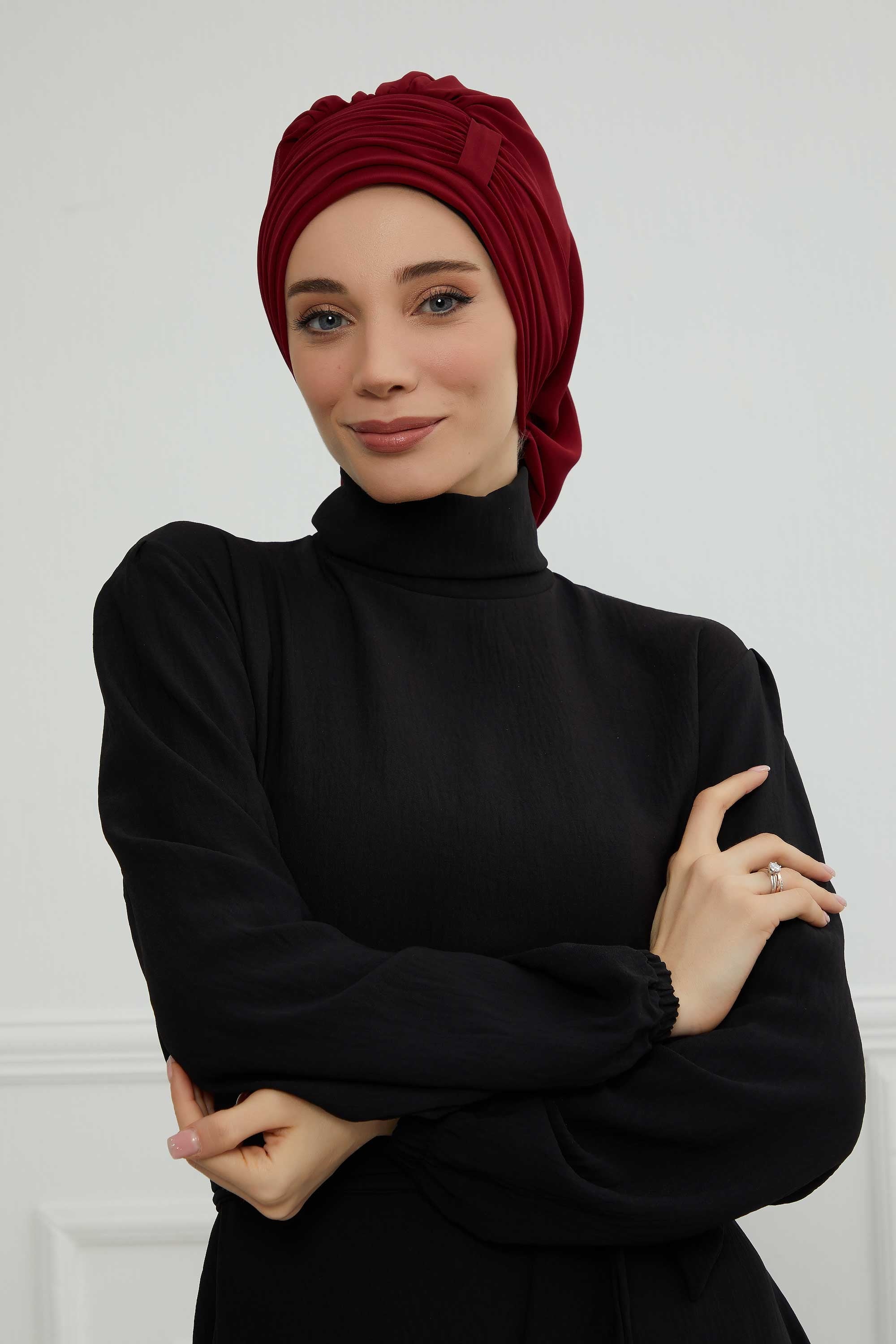 Pleated Chiffon Instant Turban for Women, Pre-Tied Elegant Hijab Cap, Lightweight Modest Headwrap for Daily & Formal Wear,HT-107 Maroon
