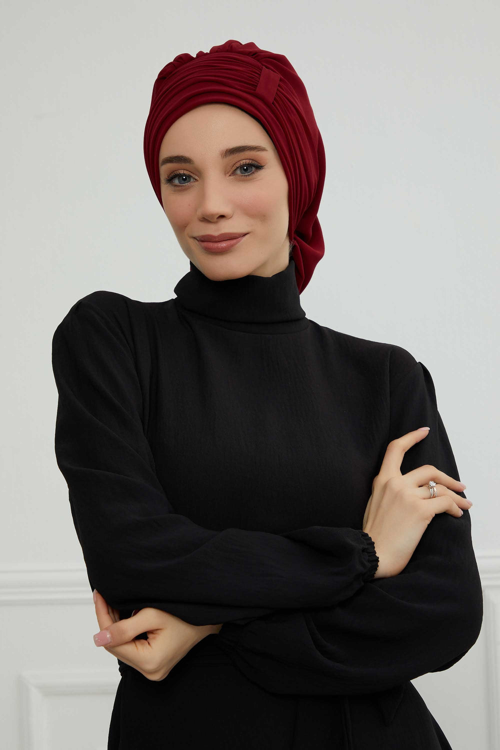 Pleated Chiffon Instant Turban for Women, Pre-Tied Elegant Hijab Cap, Lightweight Modest Headwrap for Daily & Formal Wear,HT-107 Maroon