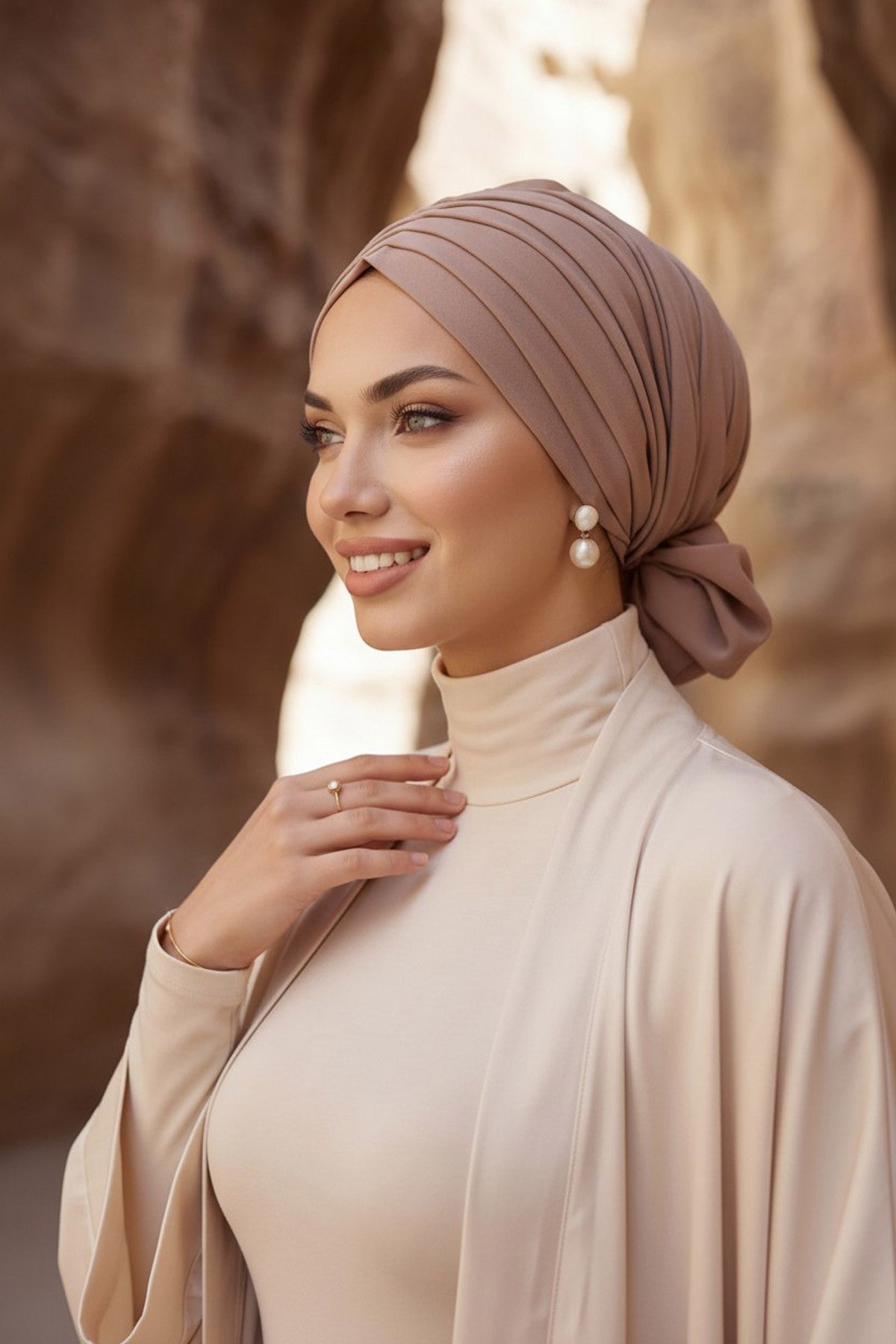 Pleated Instant Turban Aerobin Scarf Head Wrap, Belted Turban Bonnet for Women, Chic Design Instant Turban Hijab Chemo Headwear,B-86A Mink
