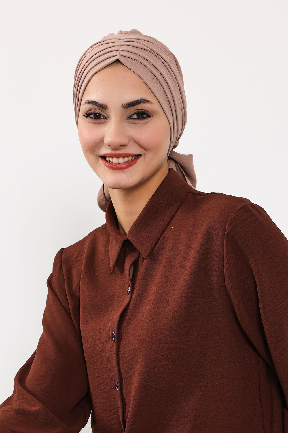 Pleated Instant Turban Aerobin Scarf Head Wrap, Belted Turban Bonnet for Women, Chic Design Instant Turban Hijab Chemo Headwear,B-86A Mink