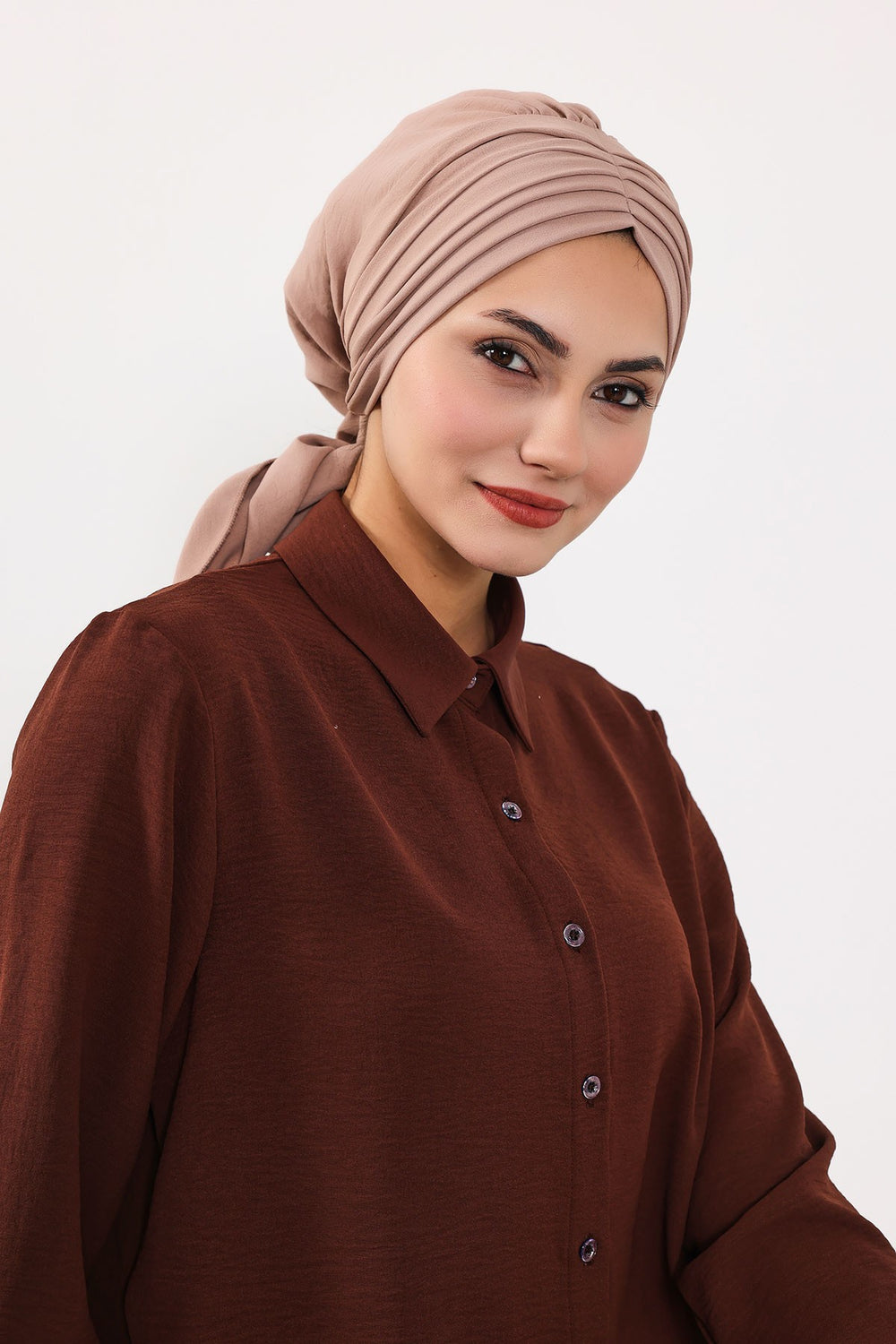 Pleated Instant Turban Aerobin Scarf Head Wrap, Belted Turban Bonnet for Women, Chic Design Instant Turban Hijab Chemo Headwear,B-86A Mink